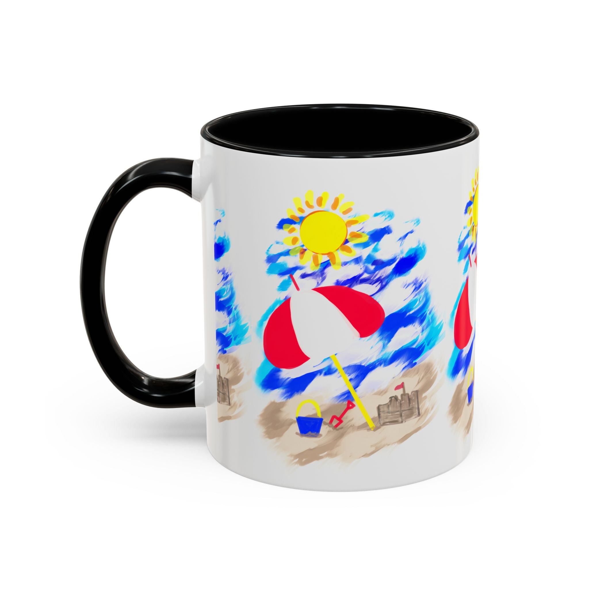 Beach Scene Coffee Mug – Summer Umbrella, Sun & Sandcastle Accent Mug