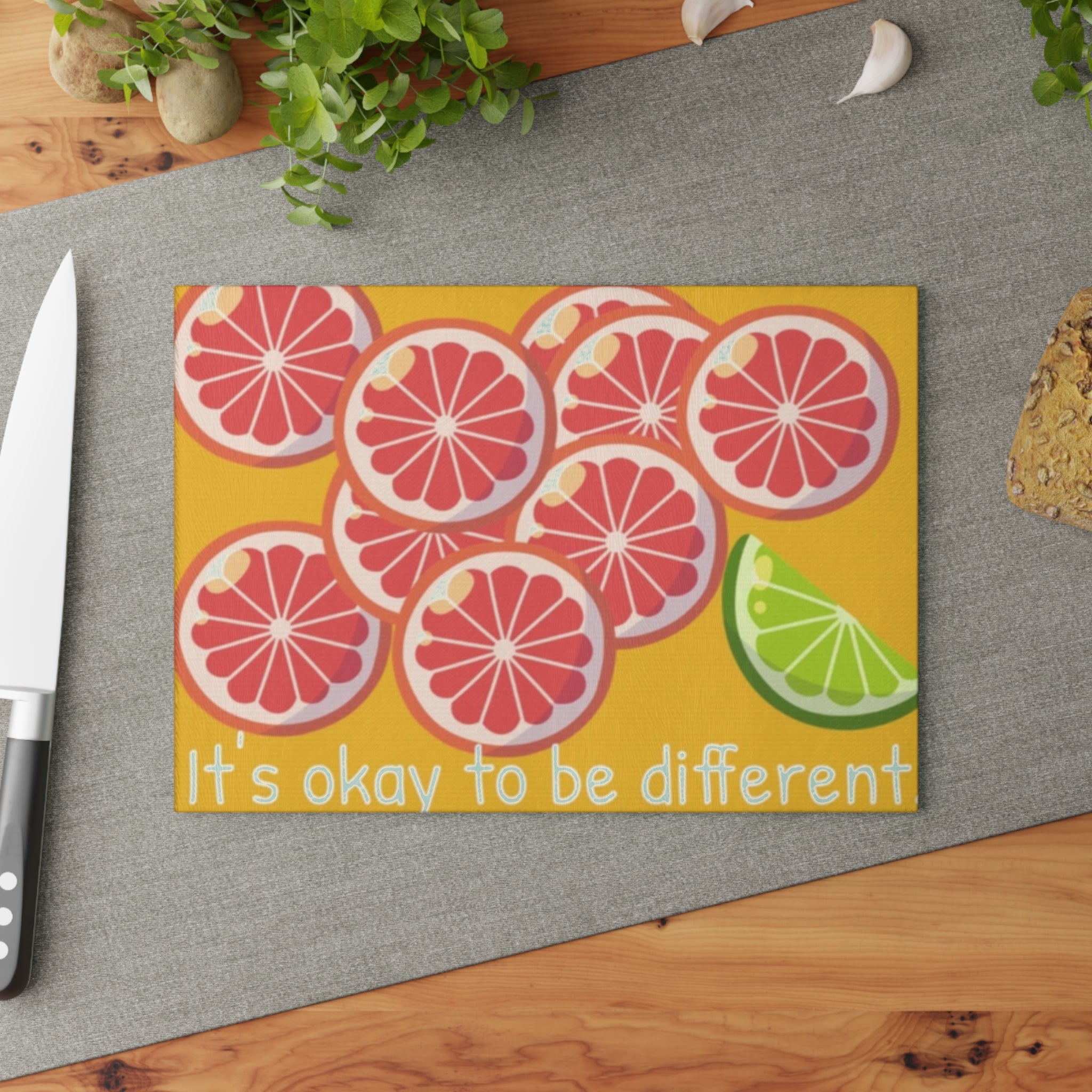 Glass Cutting Board — "It's Okay to Be Different" Grapefruit & Lime Decorative Kitchen Board
