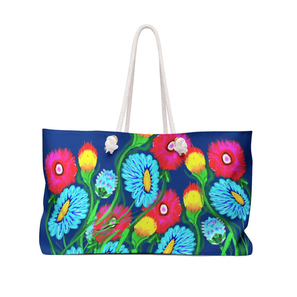 Floral Burst Weekender Bag – Bright Blue Poppy & Daisy Travel Tote