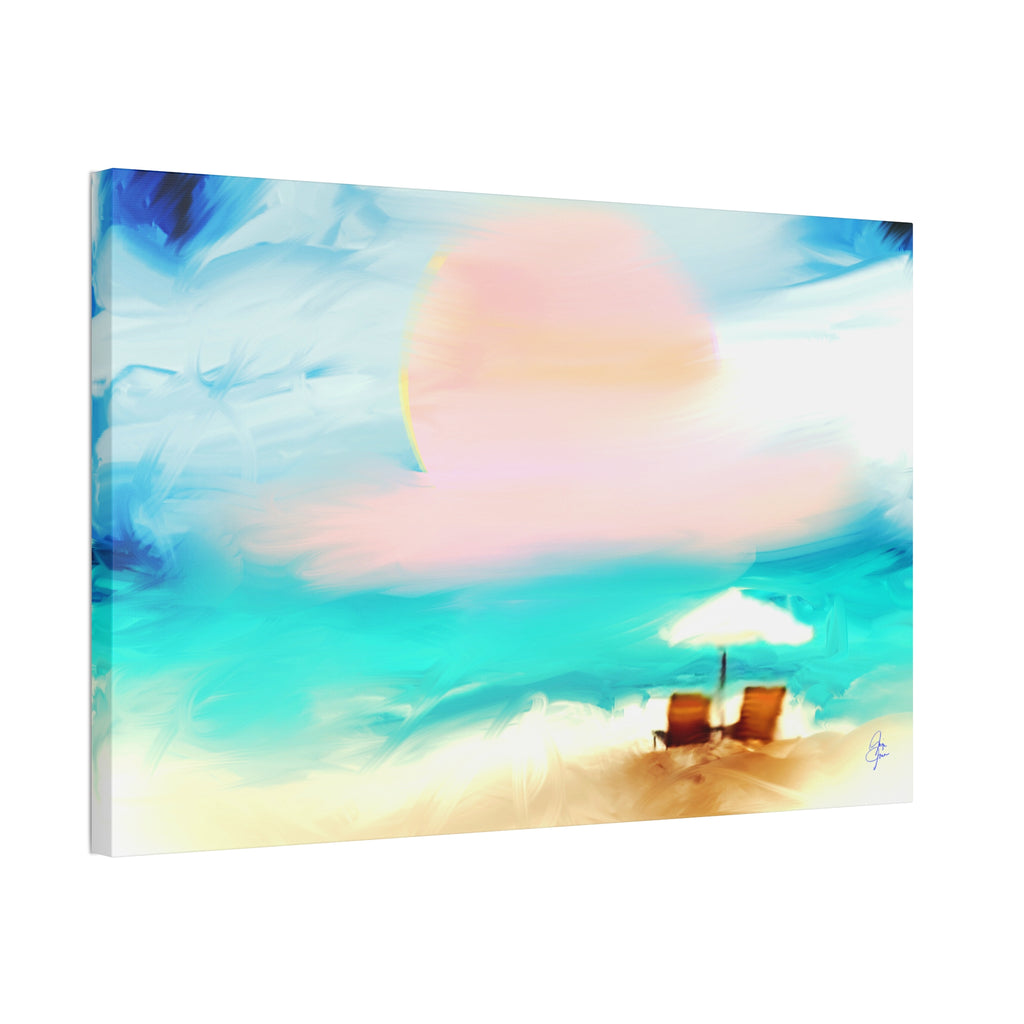Beach Sunset Canvas Wall Art — Tropical Chairs & Umbrella Stretched Canvas