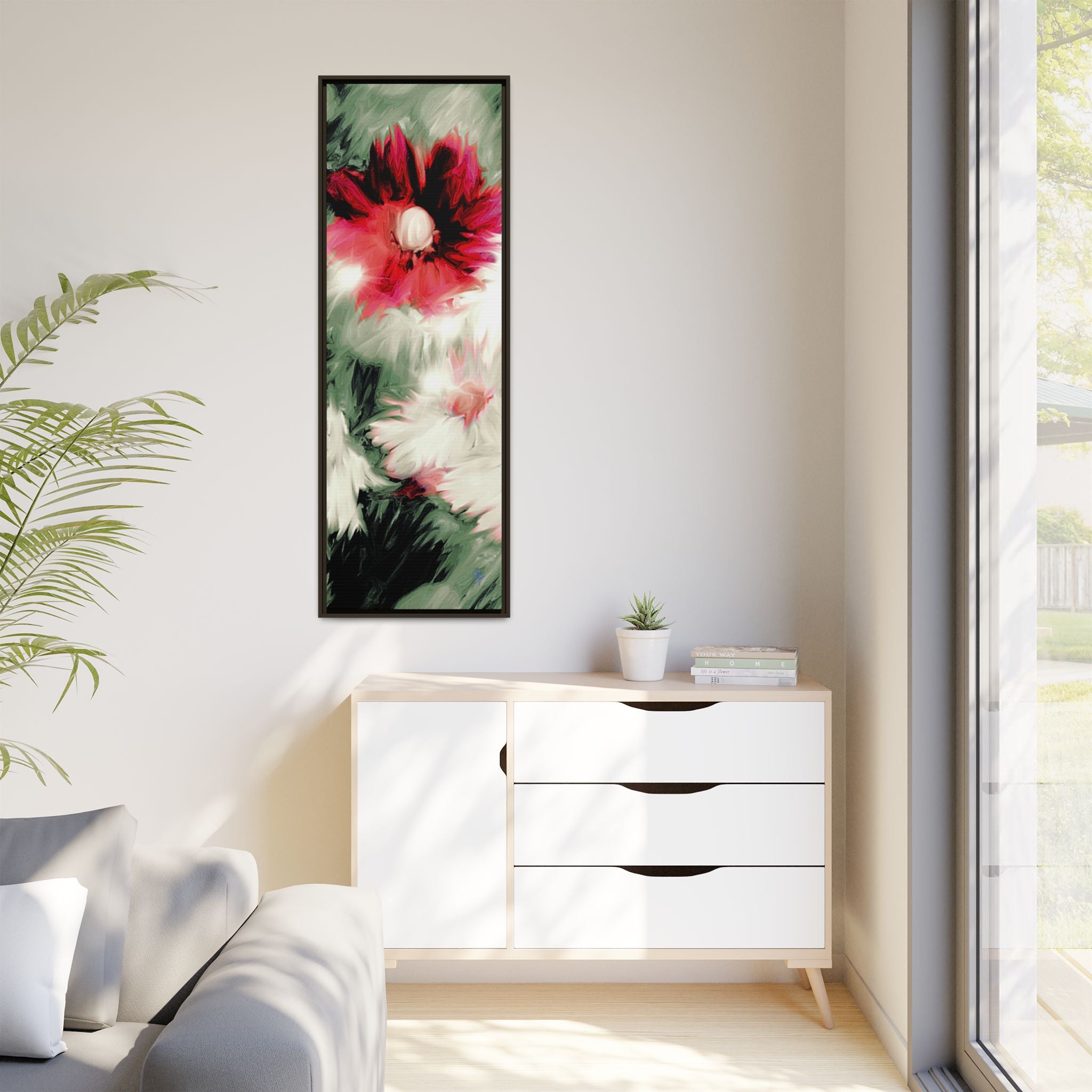 Framed Matte Canvas Print — Blurred Red & White Floral Art