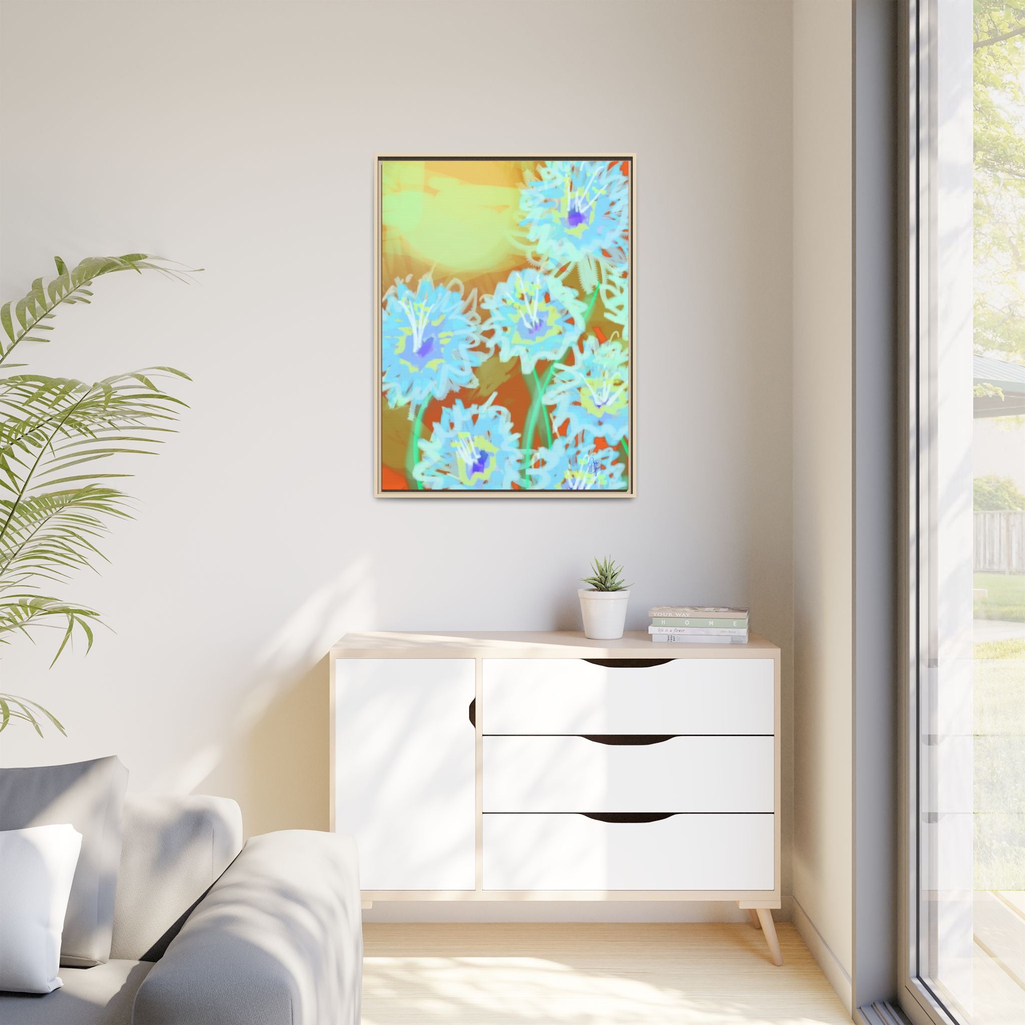 Framed Floral Canvas Art — Blue & Yellow Abstract Bouquet (Matte)