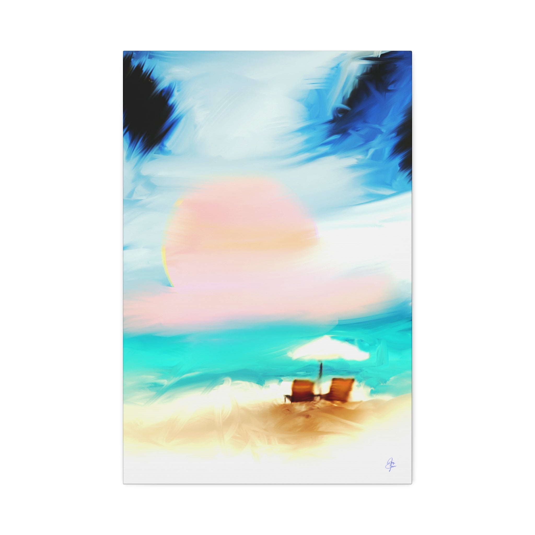 Beach Sunset Canvas Wall Art — Tropical Chairs & Umbrella Stretched Canvas