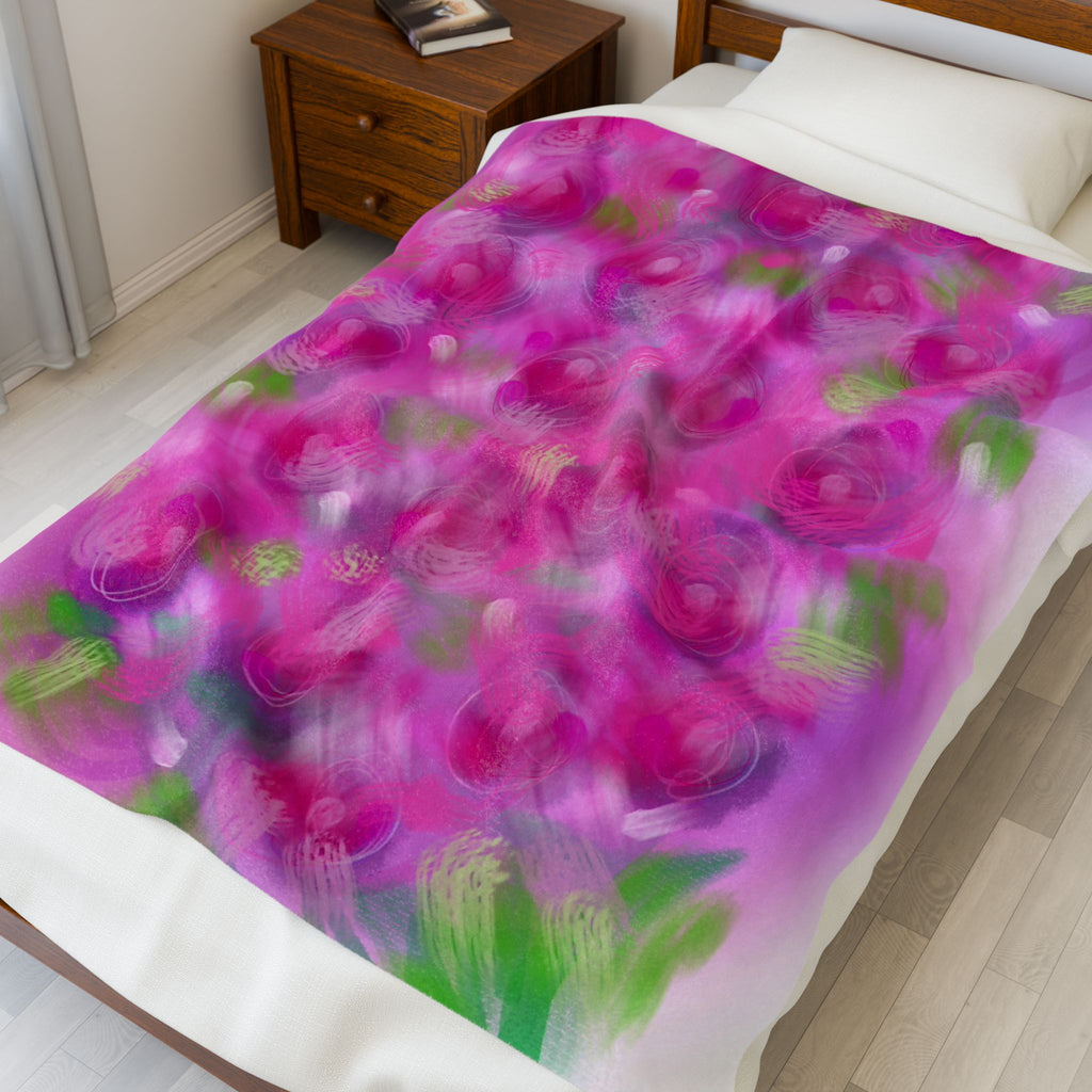 Velveteen Plush Blanket — Pink Rose Garden Floral Throw