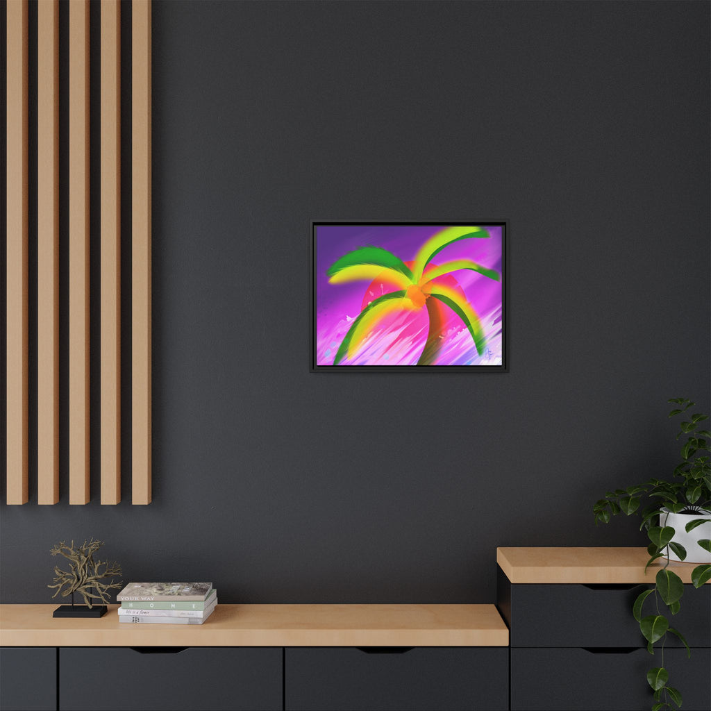Framed Matte Canvas Print — Neon Palm Beach Art