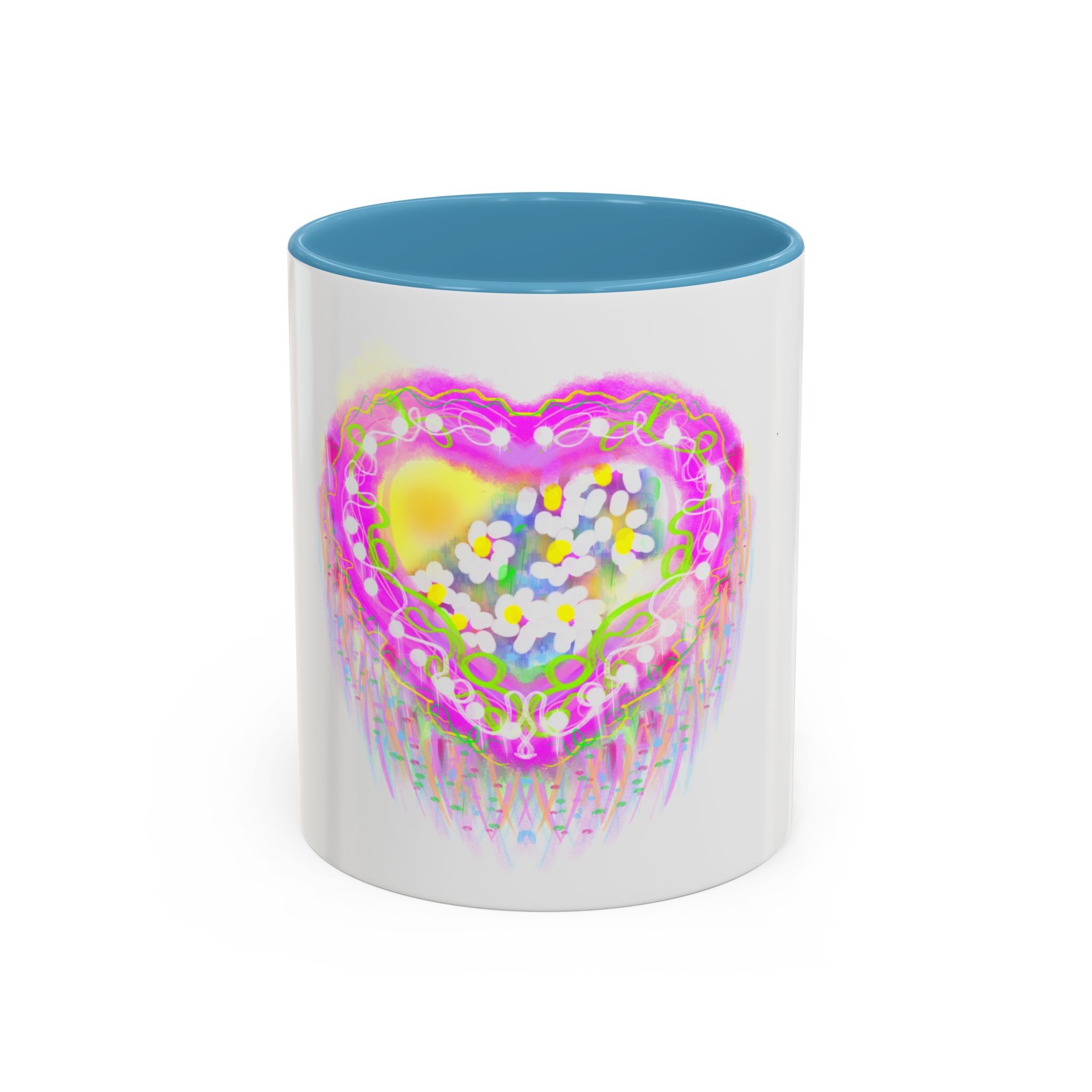 Pink Heart Floral Coffee Mug — Cute Pastel Accent Mug with Daisy Heart Design