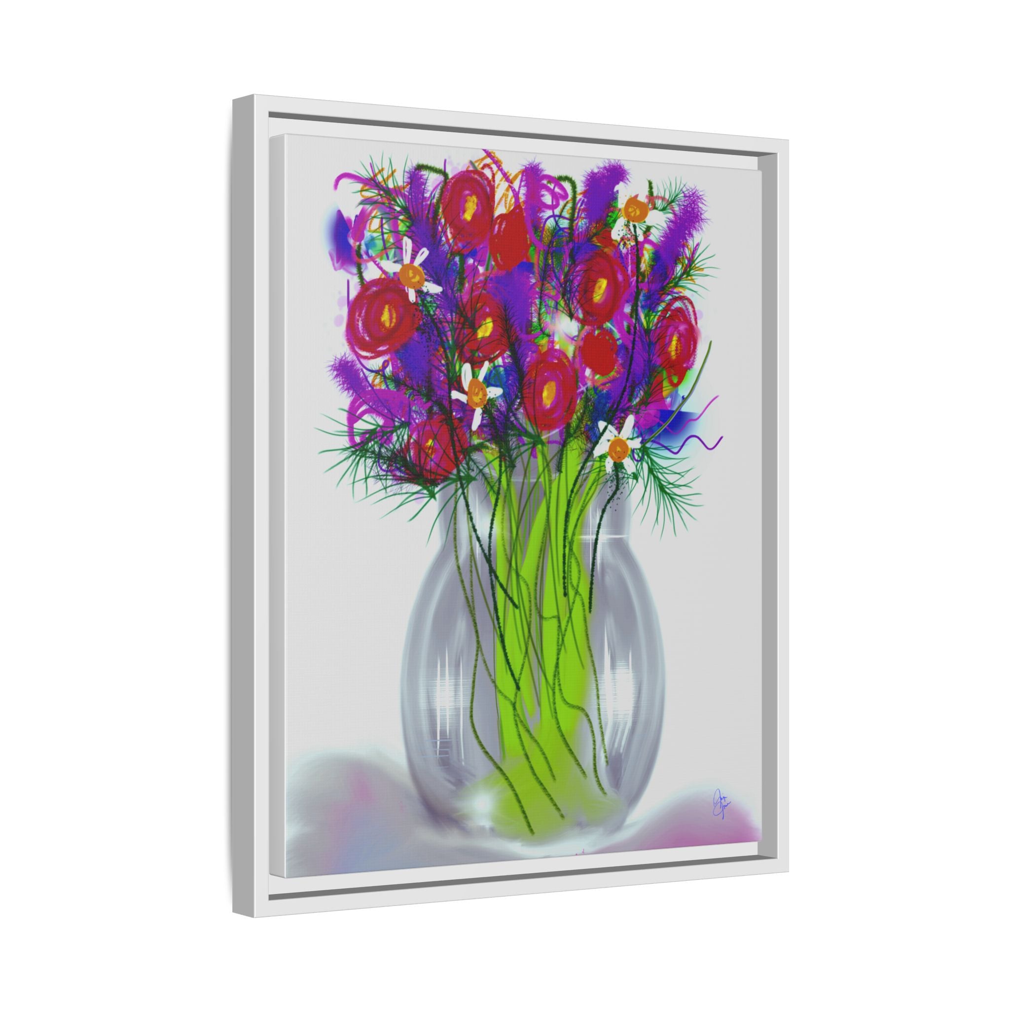 Framed Floral Bouquet Matte Canvas Wall Art — Colorful Abstract Flowers in Vase