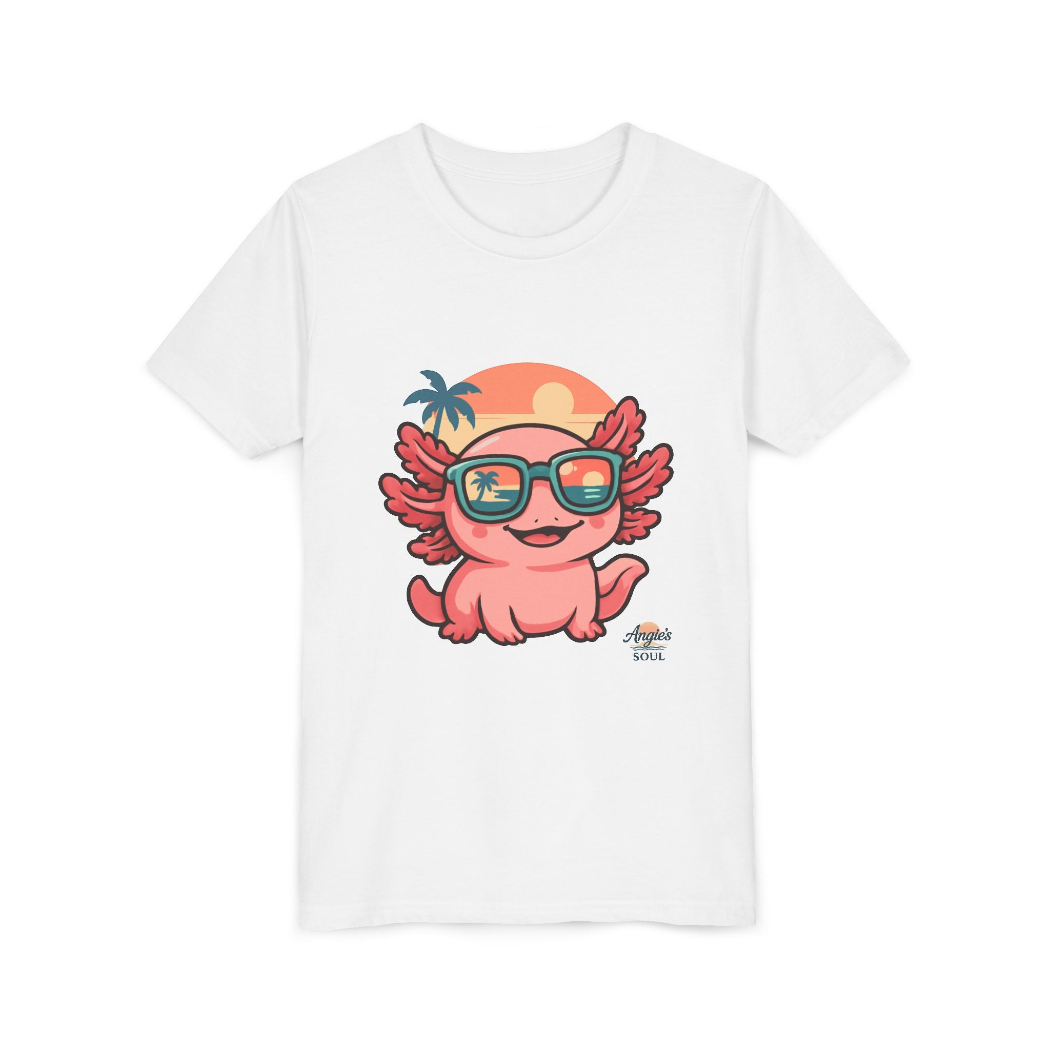 Axolotl Sunset Kids Tee — Cute Sunglasses Beach Axolotl Youth T-Shirt