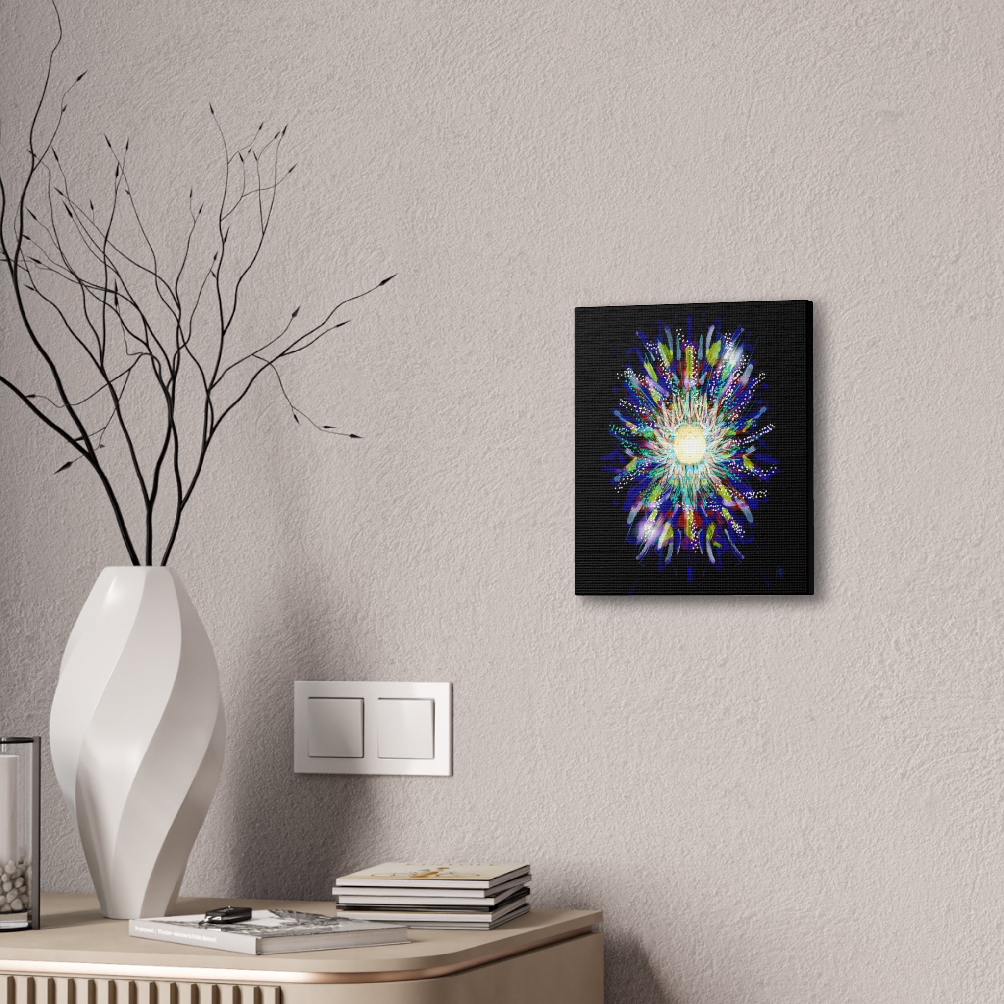 Abstract Cosmic Burst Canvas Wall Art — Colorful Sunflower Explosion on Black