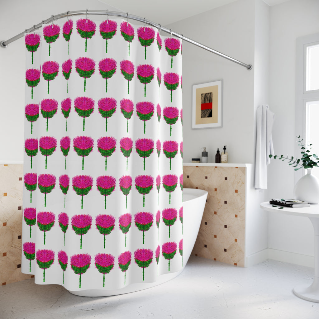 Pink Thistle Pattern Shower Curtain — Floral Botanical Bathroom Decor