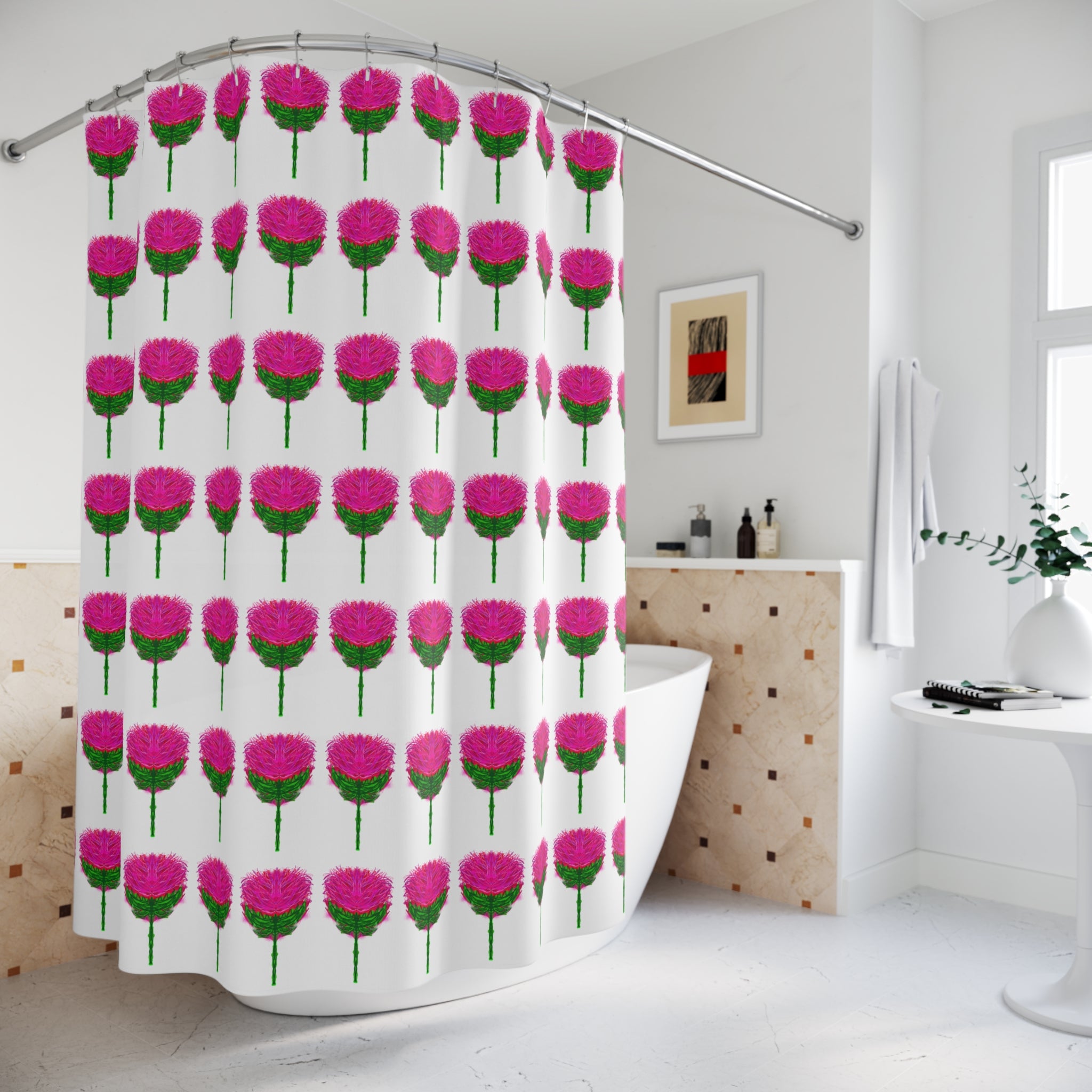 Pink Thistle Pattern Shower Curtain — Floral Botanical Bathroom Decor