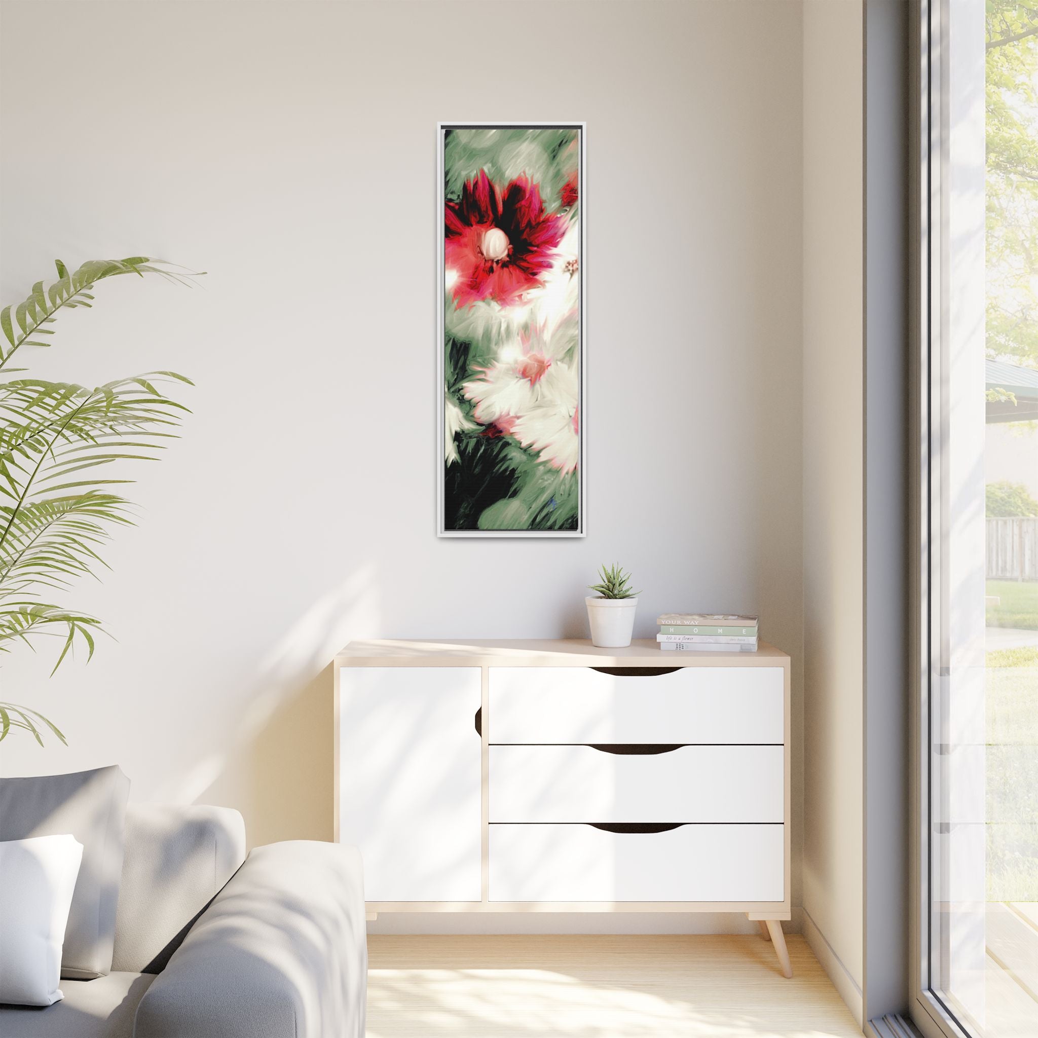Framed Matte Canvas Print — Blurred Red & White Floral Art