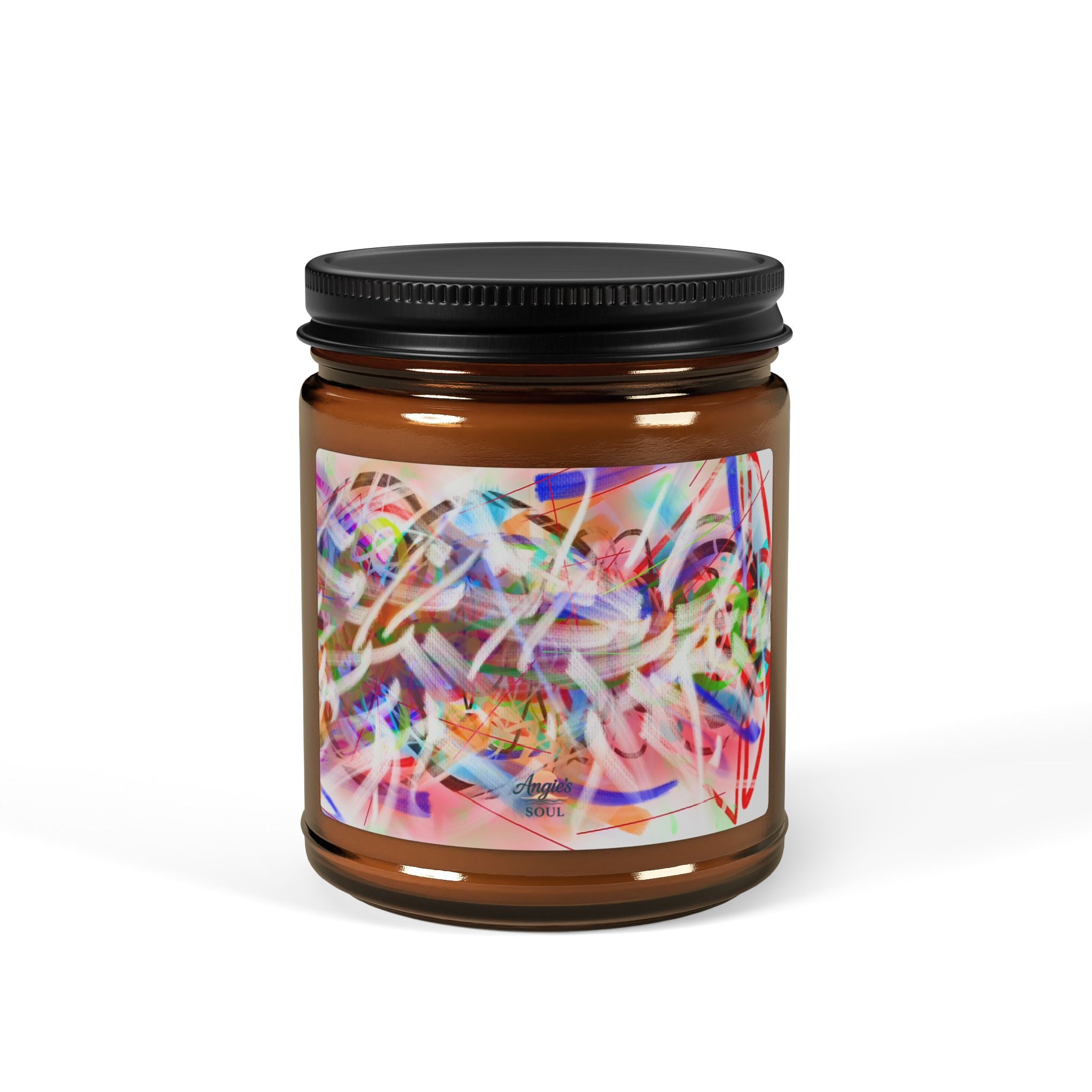 Soy Candle — Amber Jar with Colorful Abstract Art Label