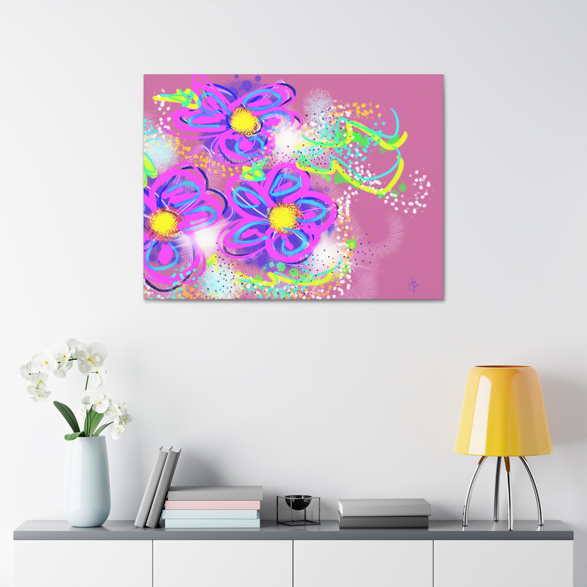 Vibrant Neon Floral Canvas Print — Pink & Green Stretched Wall Art