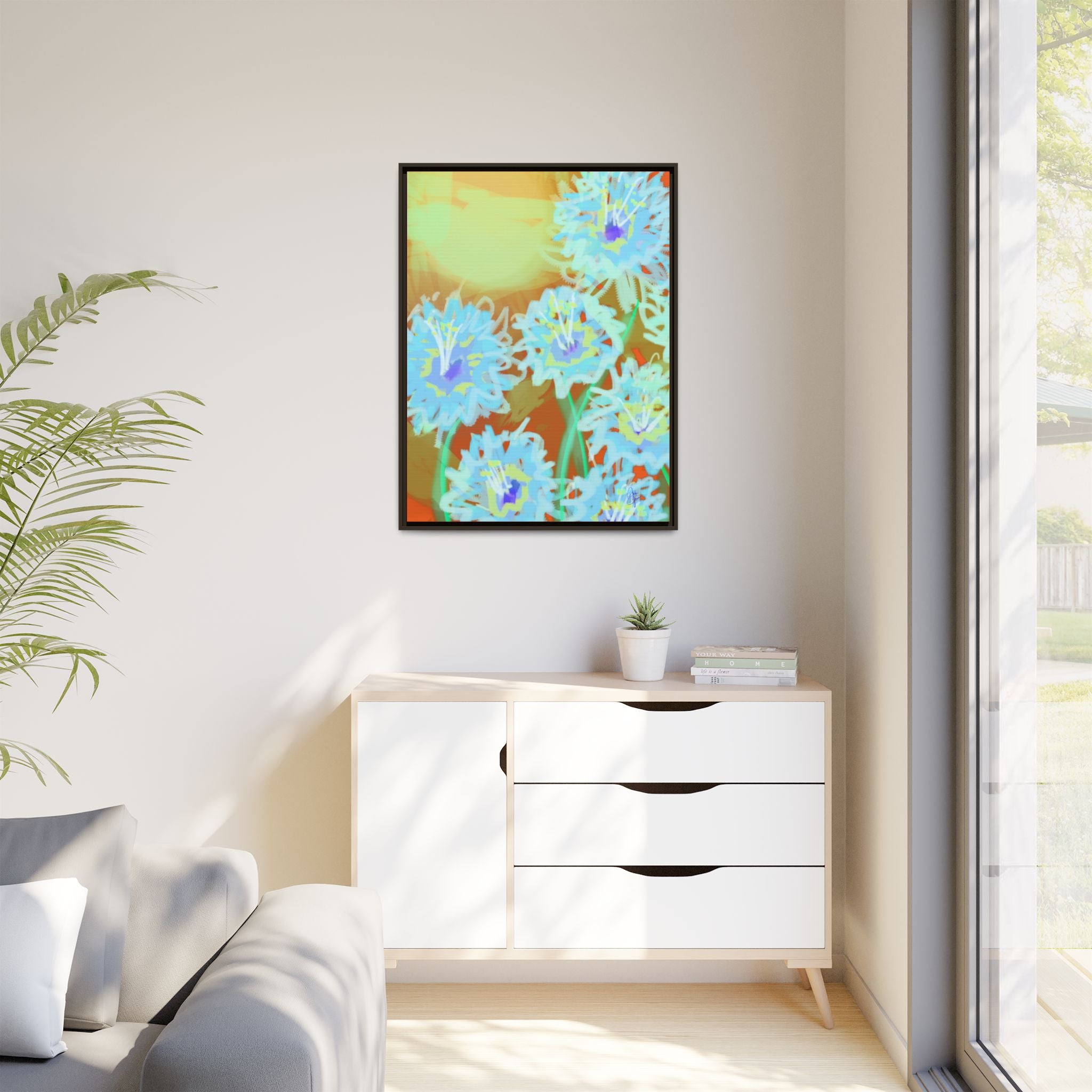 Framed Floral Canvas Art — Blue & Yellow Abstract Bouquet (Matte)