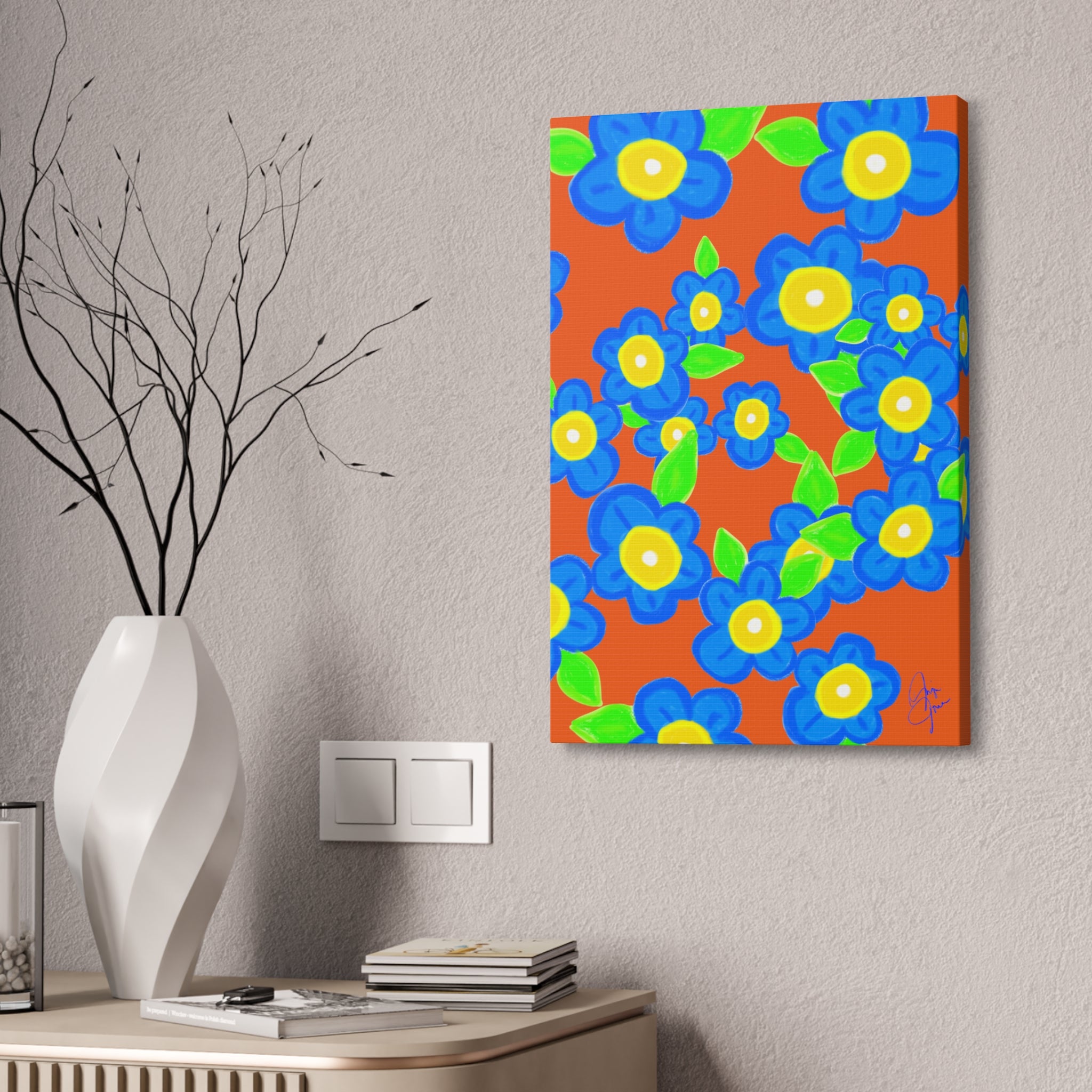 Blue Floral Canvas Wall Art — Bright Hand-Drawn Flowers on Mustard Background