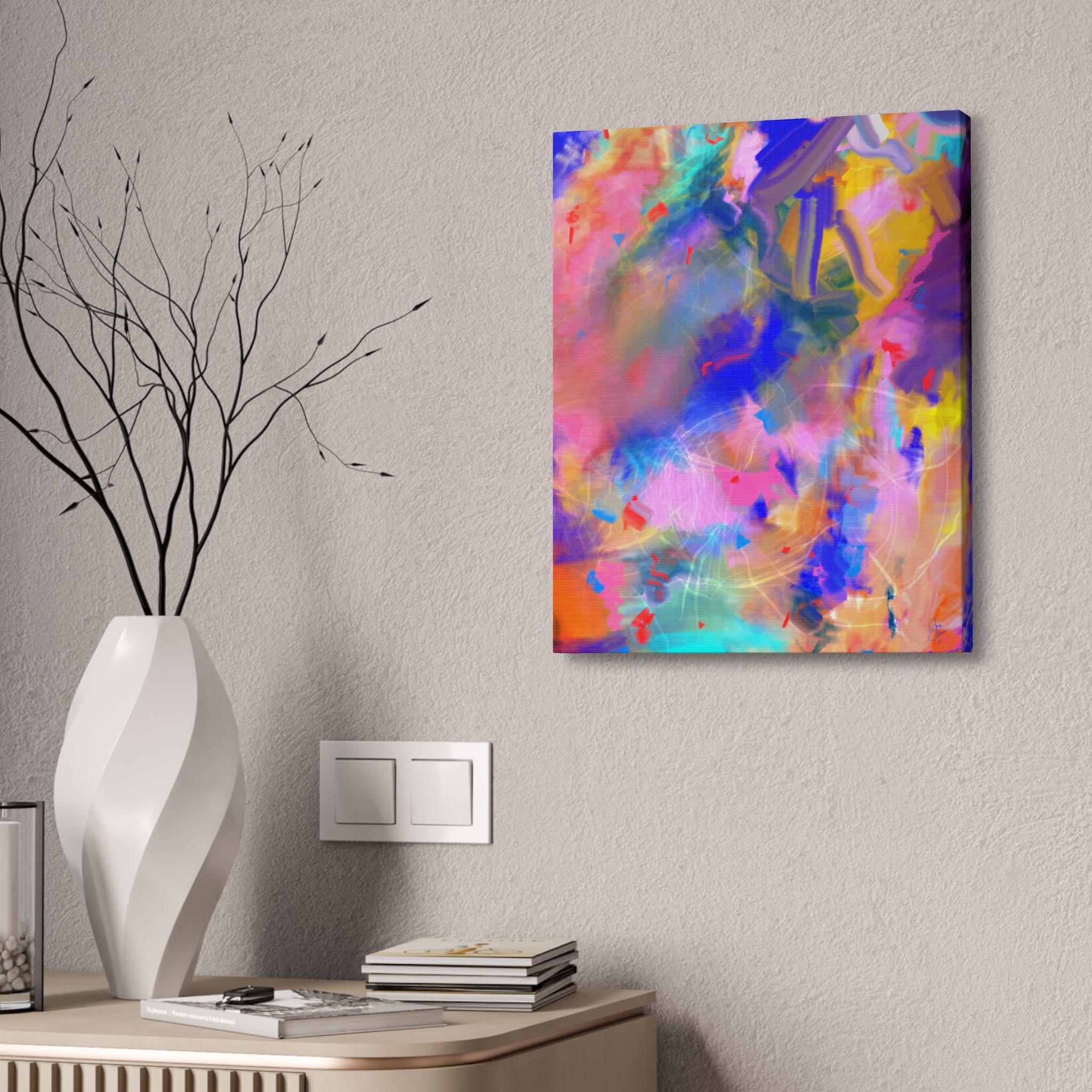 Abstract Color Burst Canvas – Vibrant Pink & Blue Stretched Wall Art