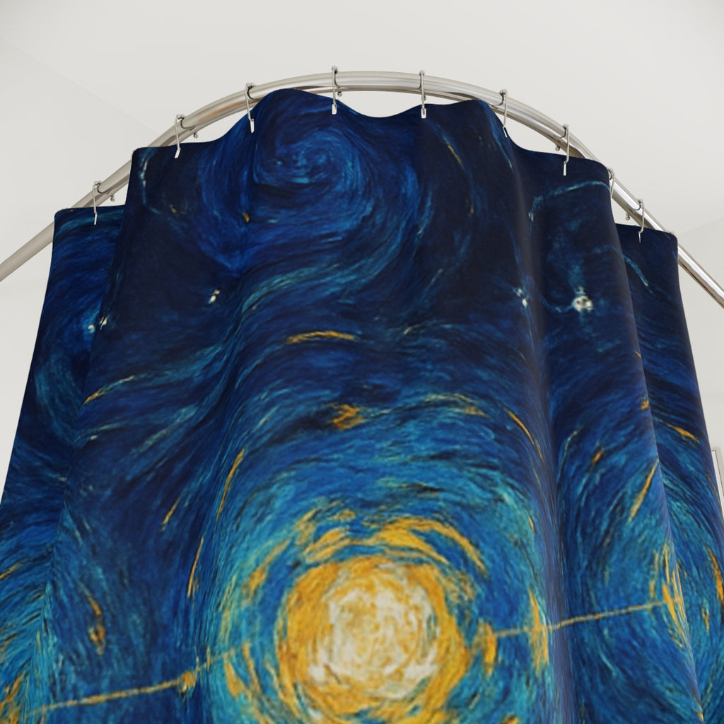 Starry Night Galaxy Shower Curtain — Swirling Blue Van Gogh-Inspired Bathroom Decor