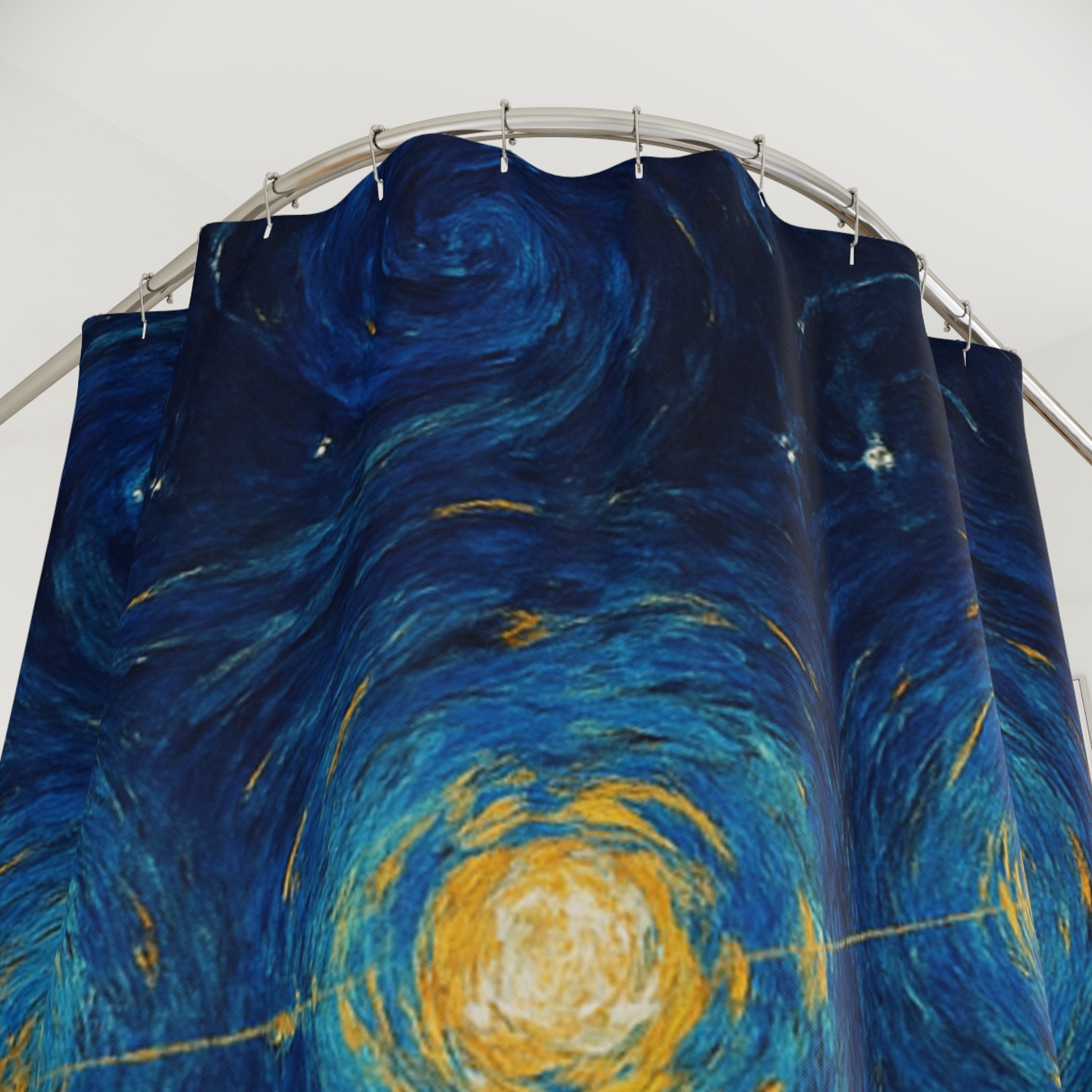 Starry Night Galaxy Shower Curtain — Swirling Blue Van Gogh-Inspired Bathroom Decor