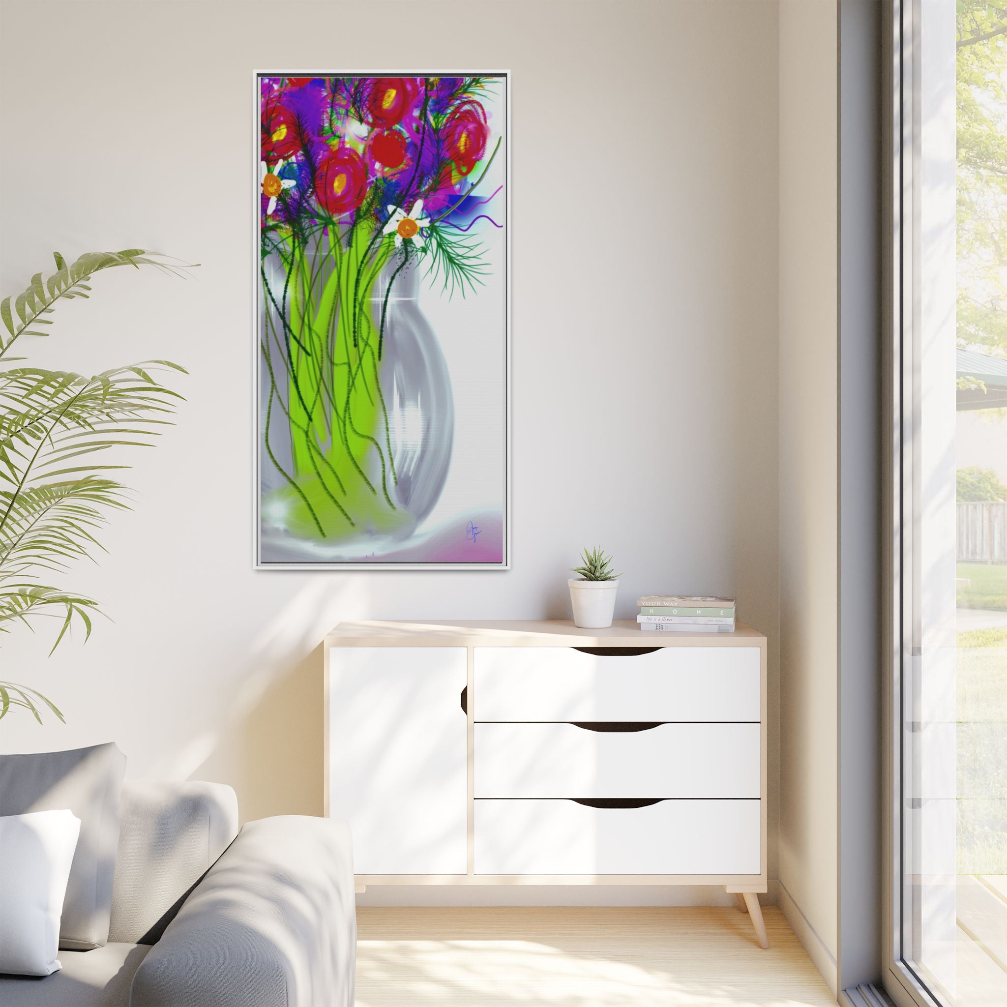 Framed Floral Bouquet Matte Canvas Wall Art — Colorful Abstract Flowers in Vase
