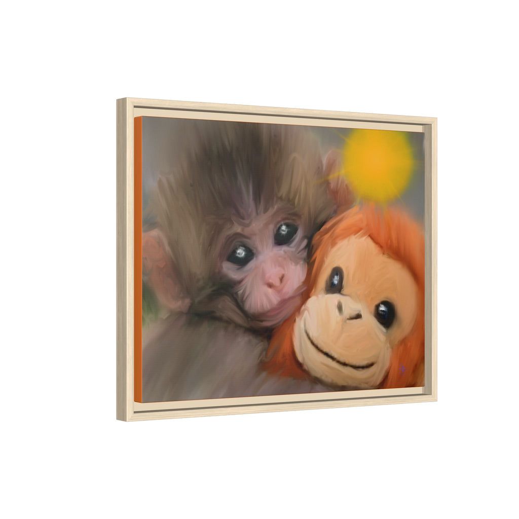 Framed Matte Canvas Print — Baby Monkey & Plush Orangutan Wall Art