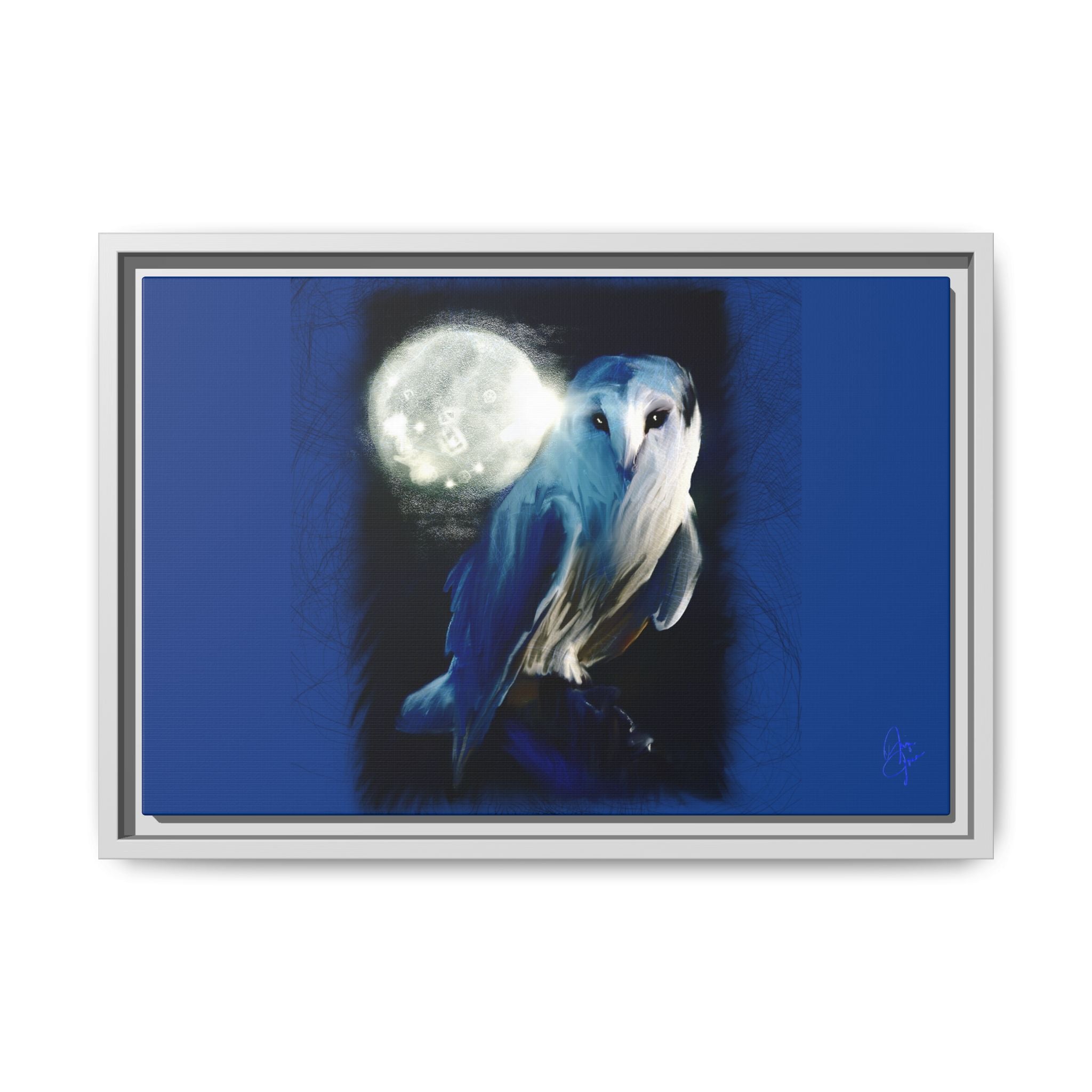 Moonlight Owl Matte Framed Canvas — Mystical Blue Owl Wall Art
