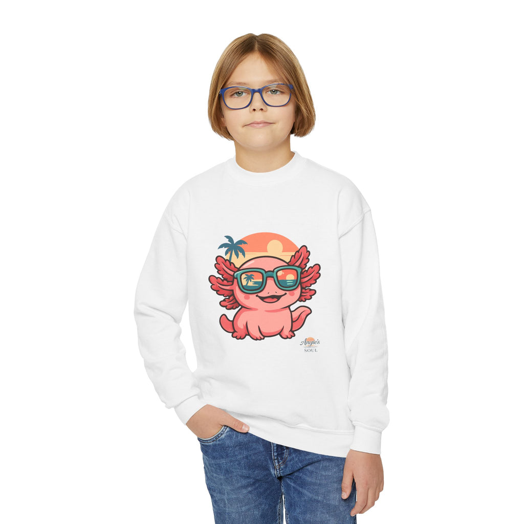 Axolotl Crewneck Sweatshirt — Cute Pink Axolotl with Sunglasses & Sunset