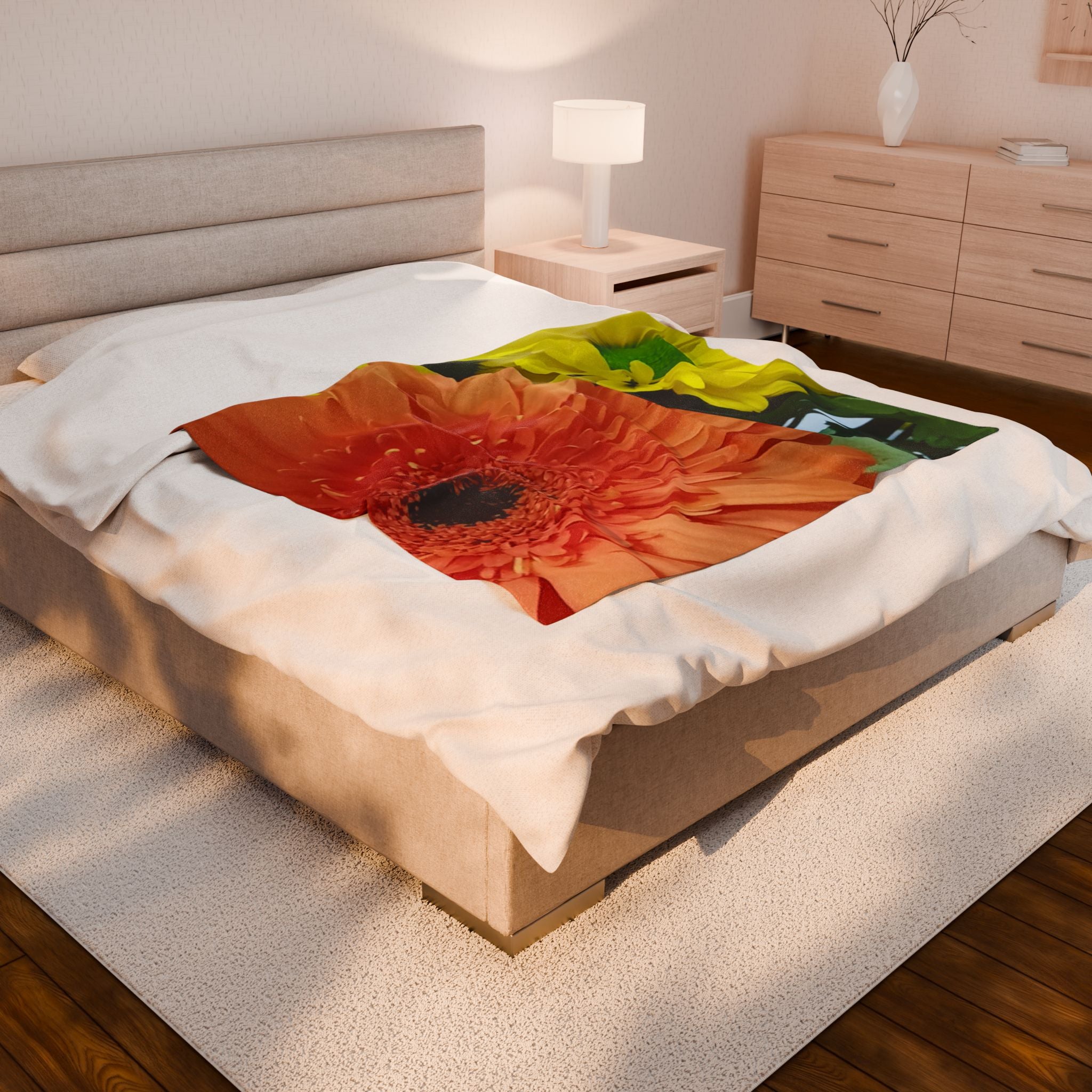 Velveteen Plush Blanket — Bright Orange Gerbera & Yellow Daisy Floral Throw