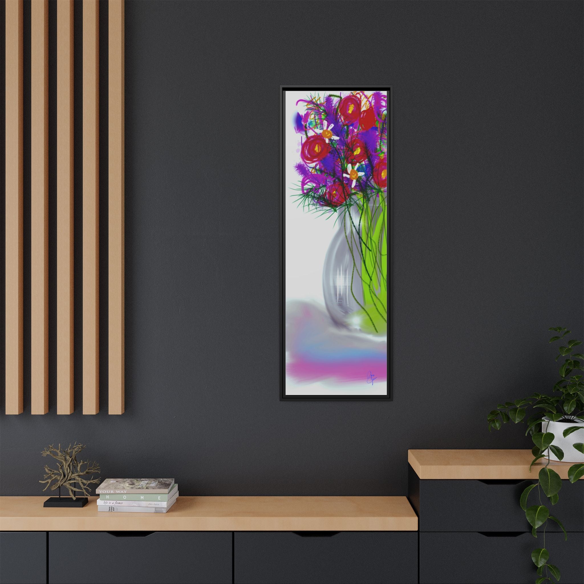 Framed Floral Bouquet Matte Canvas Wall Art — Colorful Abstract Flowers in Vase