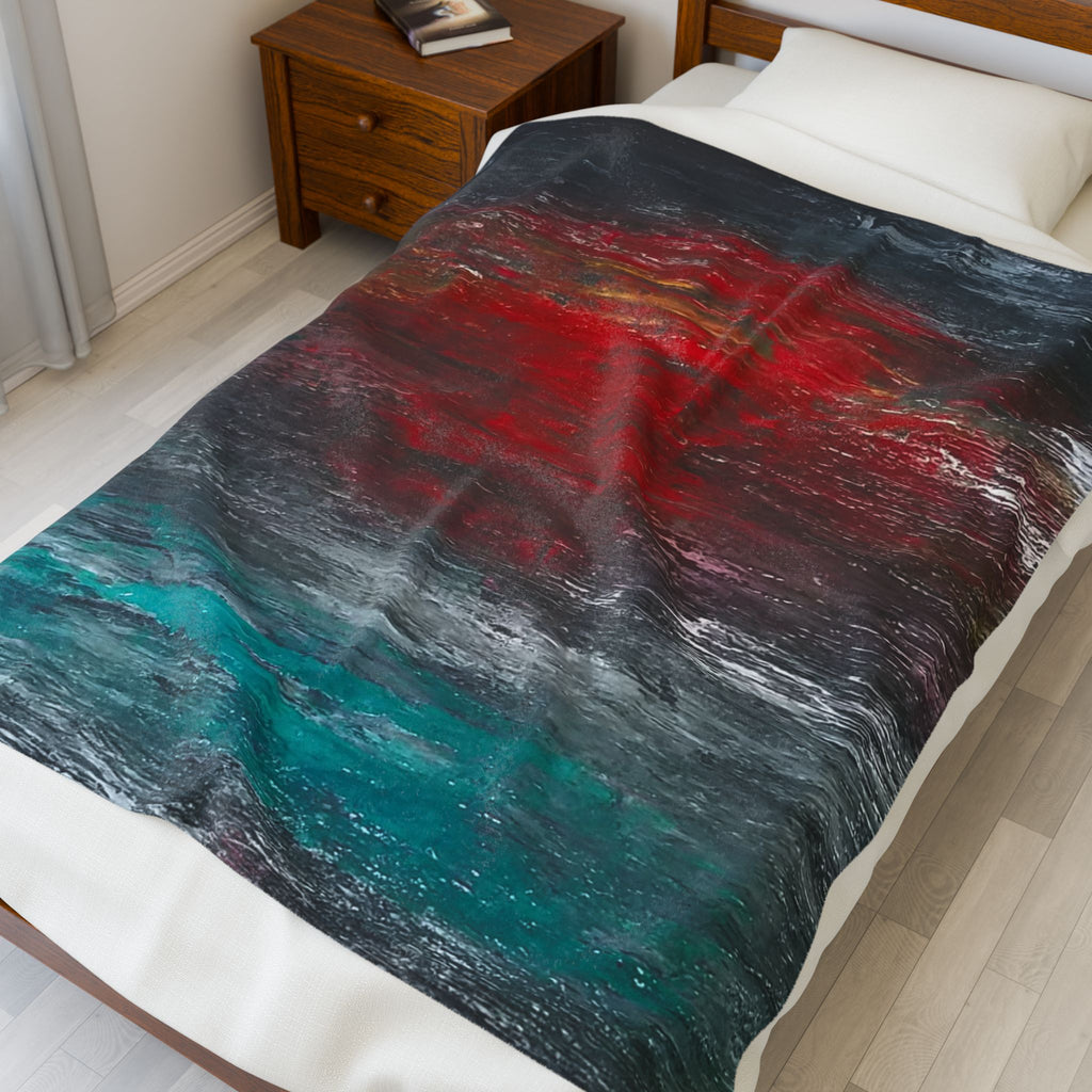 Velveteen Plush Blanket - Abstract Red Sun Coastal Art Throw