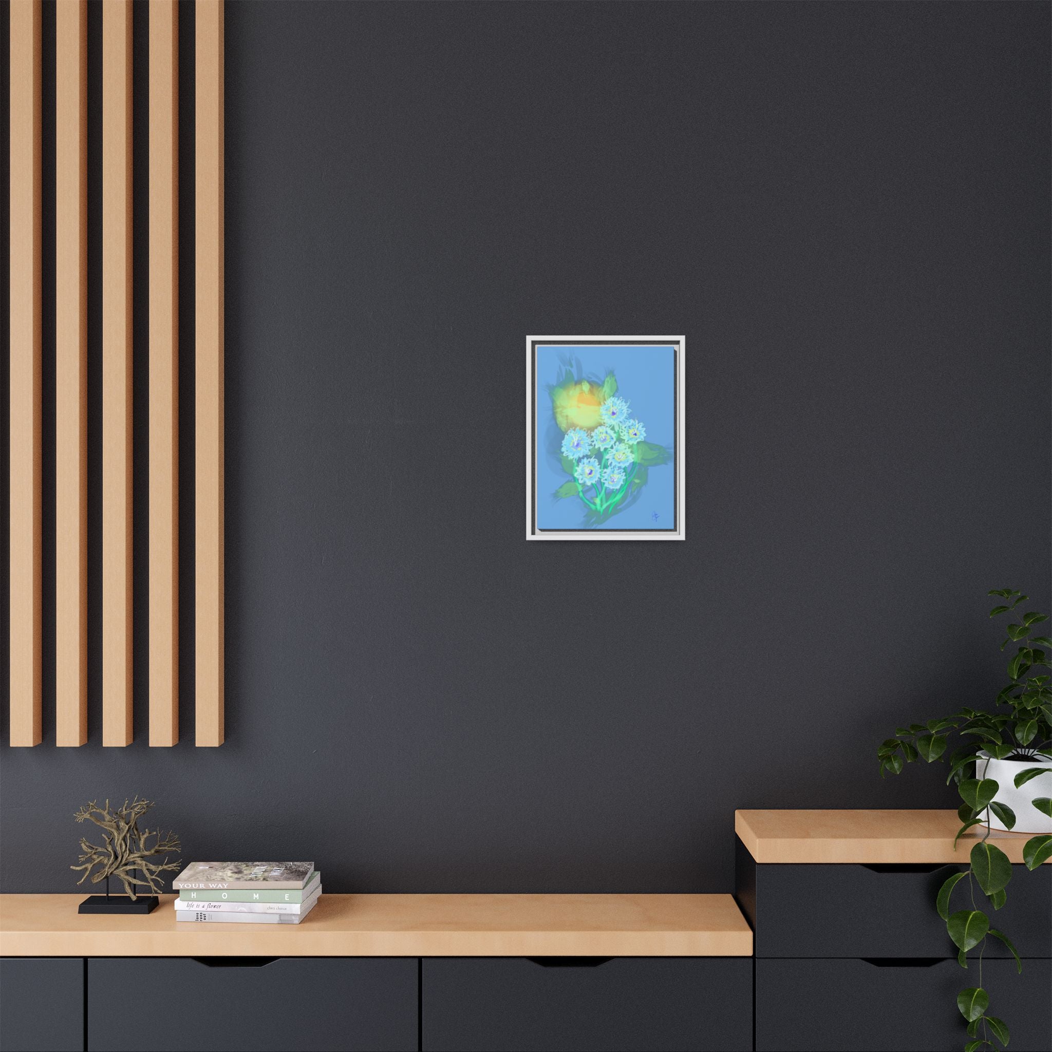Framed Floral Canvas Art — Blue & Yellow Abstract Bouquet (Matte)