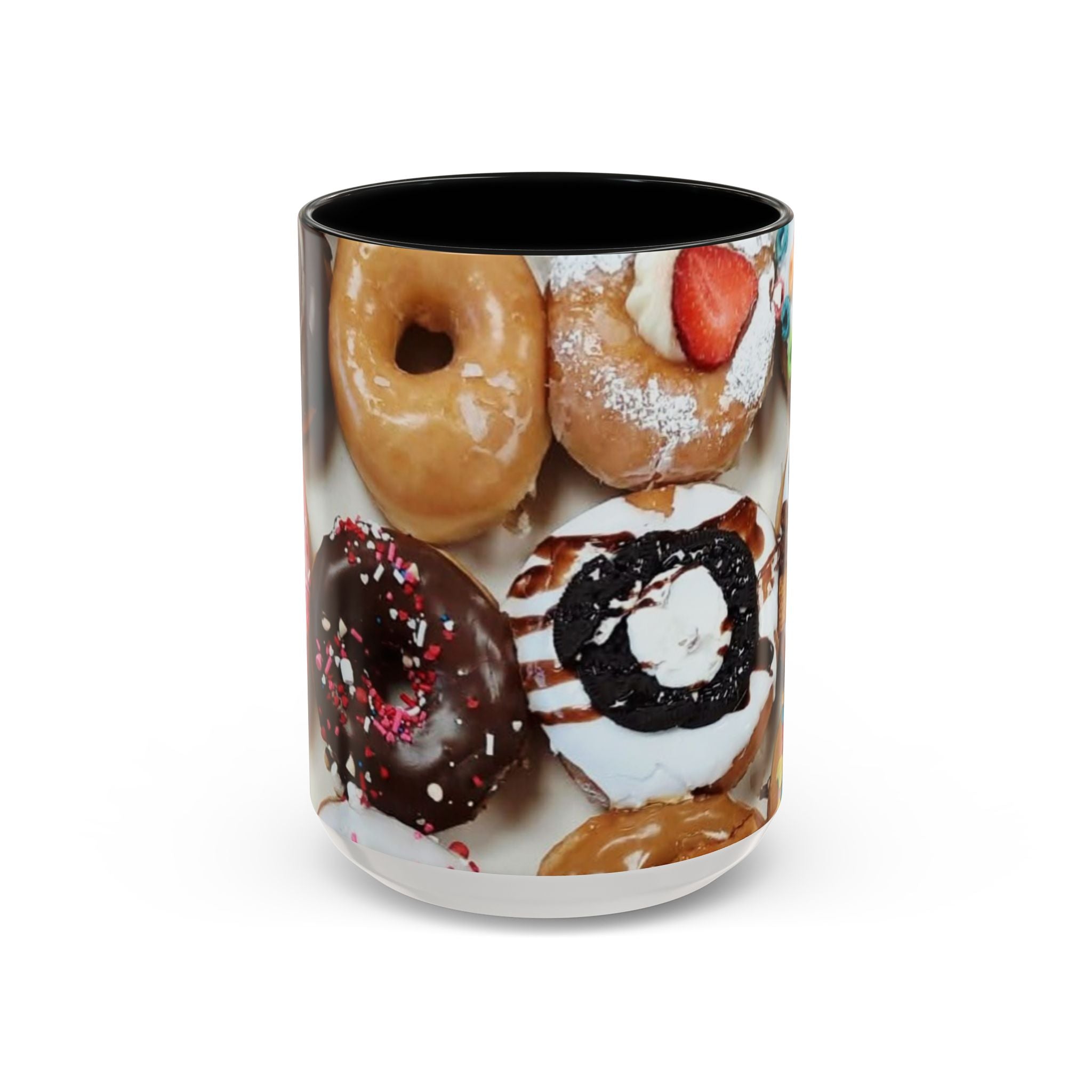 Donut Lover Accent Coffee Mug — Color Inside Rim & Handle, Photo-Print Assorted Donuts (11/15oz)