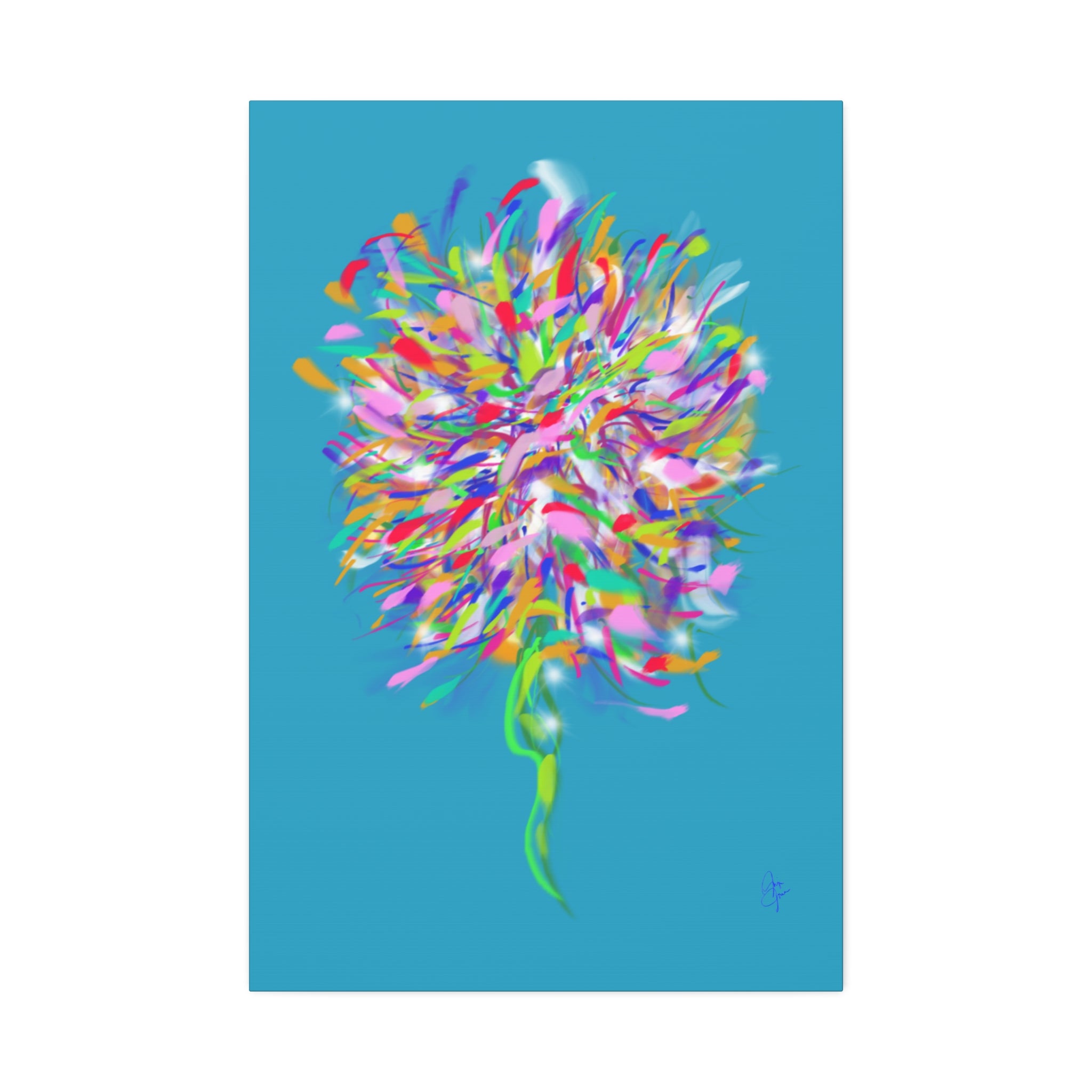 Abstract Floral Burst Canvas Print — Colorful Flower Wall Art on Deep Blue
