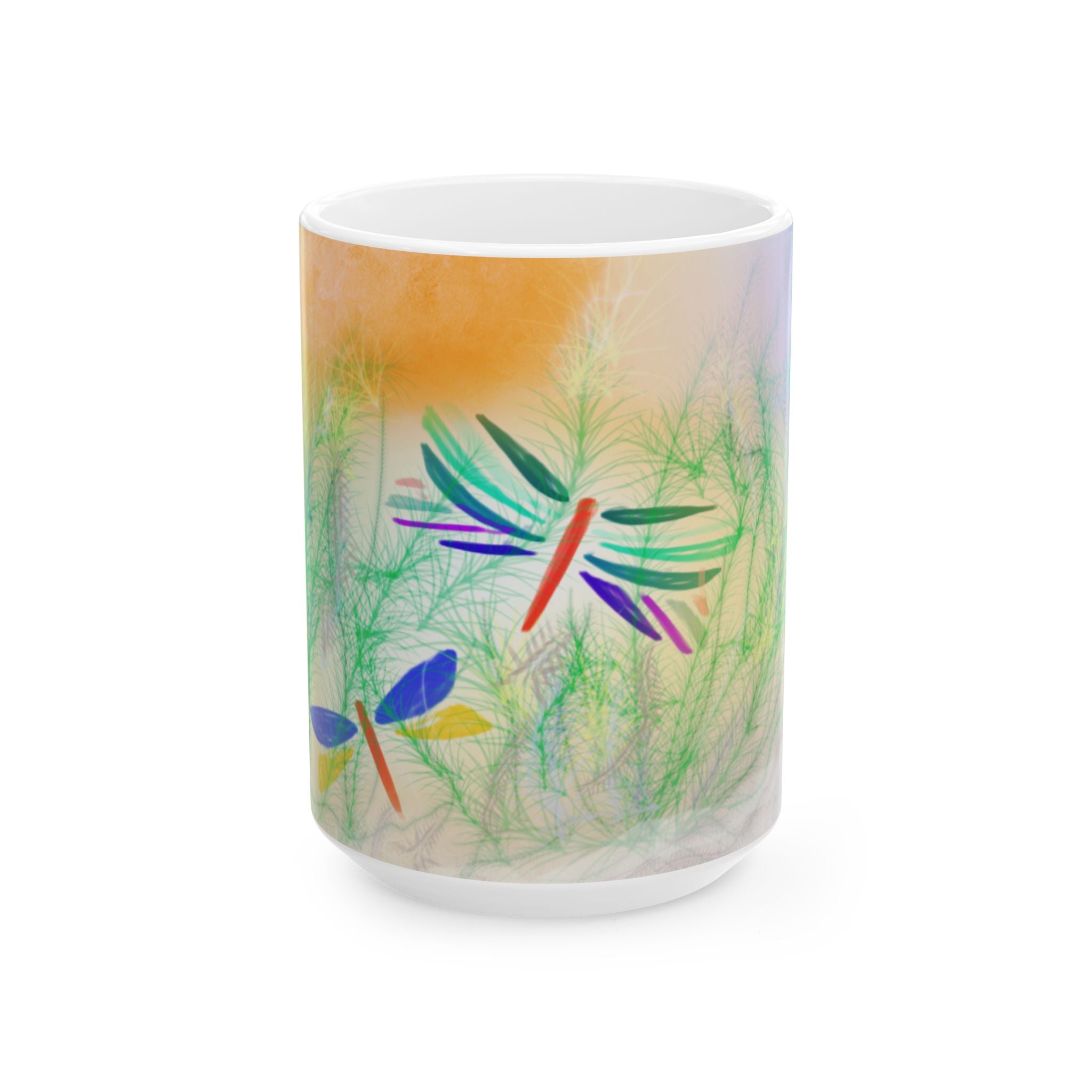 Dragonfly Garden Ceramic Mug — Colorful Nature Art, 11oz & 15oz