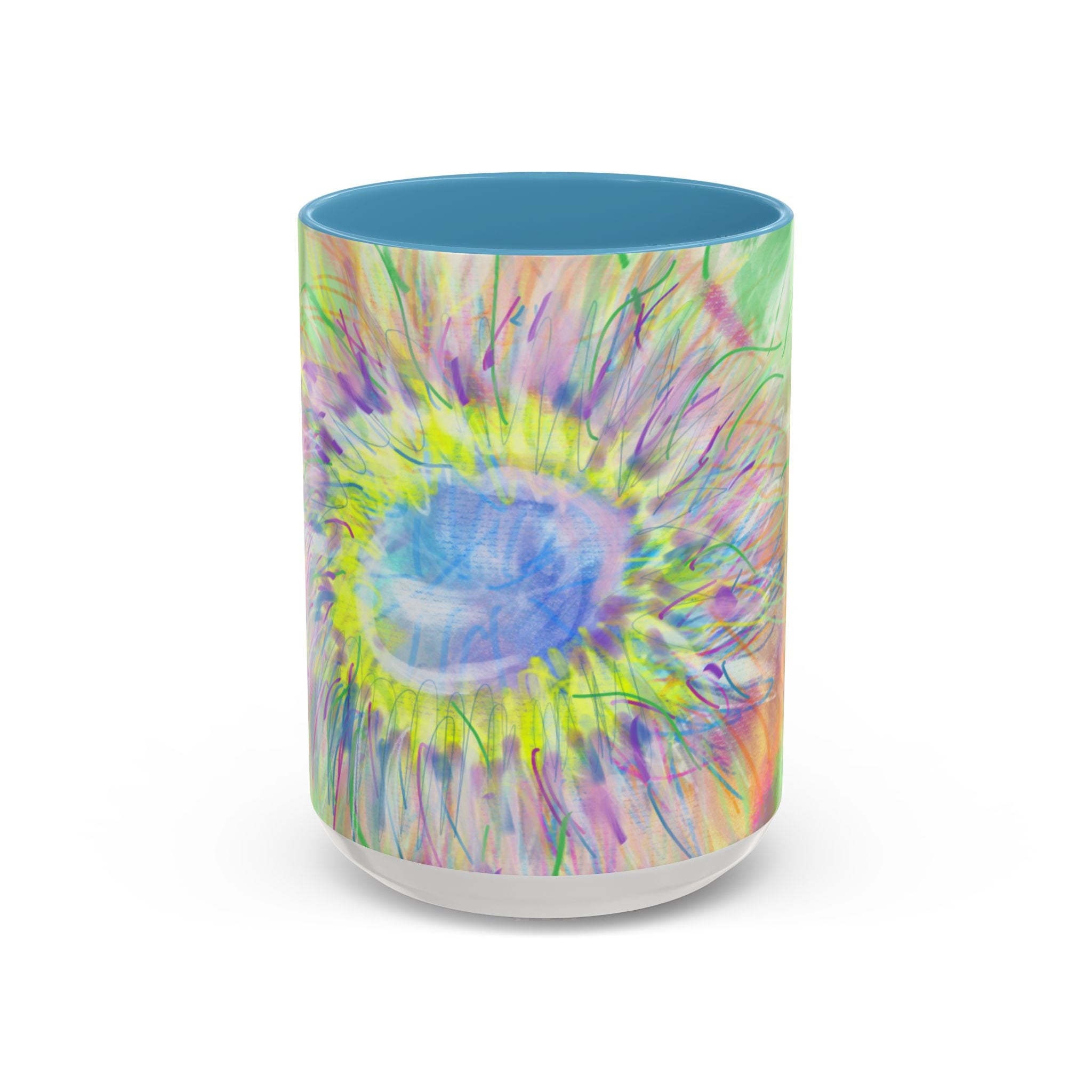 Colorful Sunflower Accent Coffee Mug — Pink Inner Artistic Floral Design (11/15 oz)