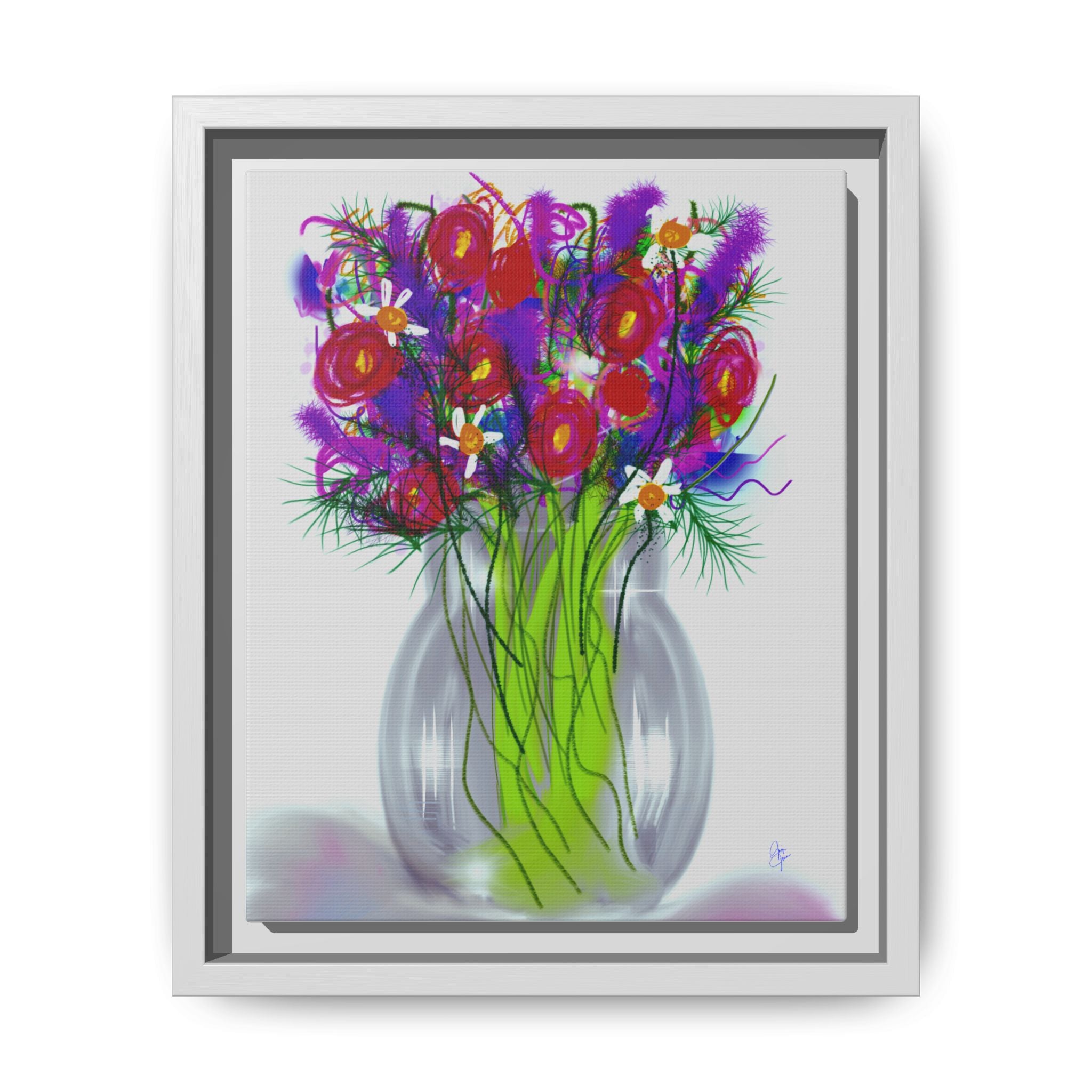 Framed Floral Bouquet Matte Canvas Wall Art — Colorful Abstract Flowers in Vase