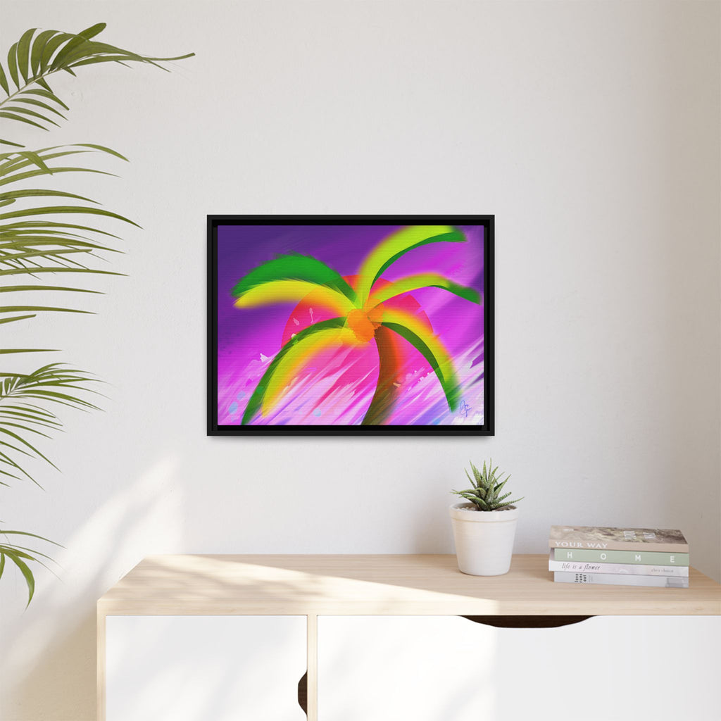 Framed Matte Canvas Print — Neon Palm Beach Art