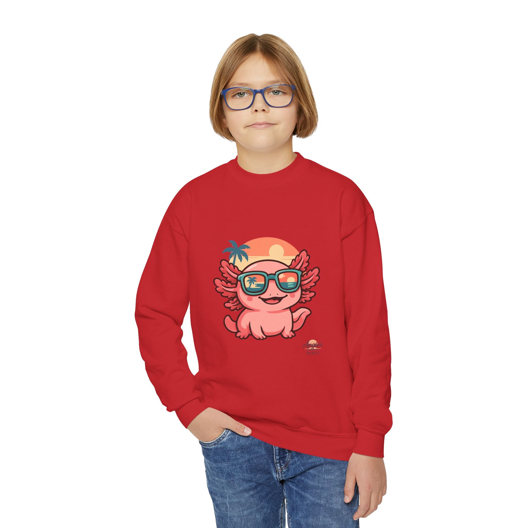 Axolotl Crewneck Sweatshirt — Cute Pink Axolotl with Sunglasses & Sunset