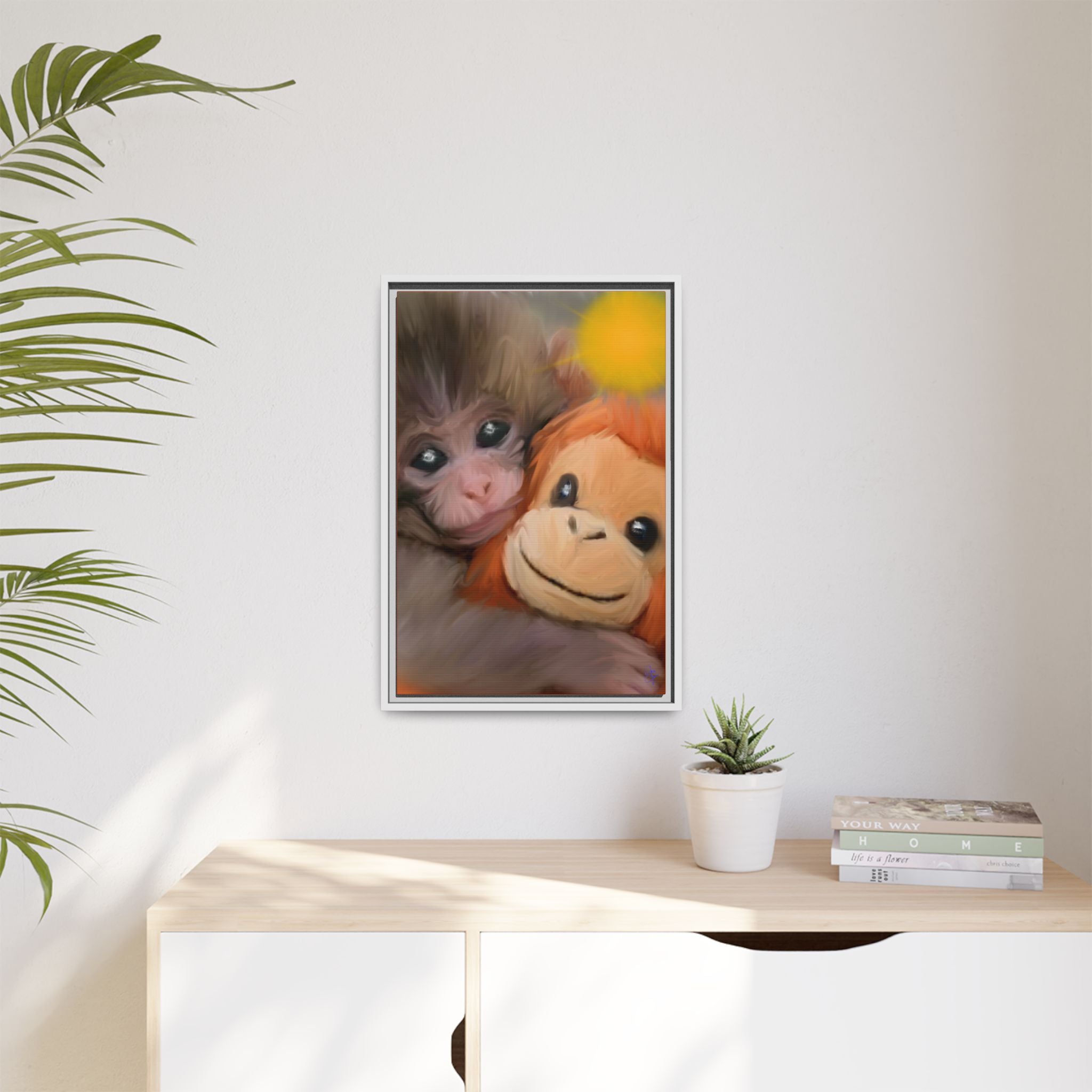 Framed Matte Canvas Print — Baby Monkey & Plush Orangutan Wall Art