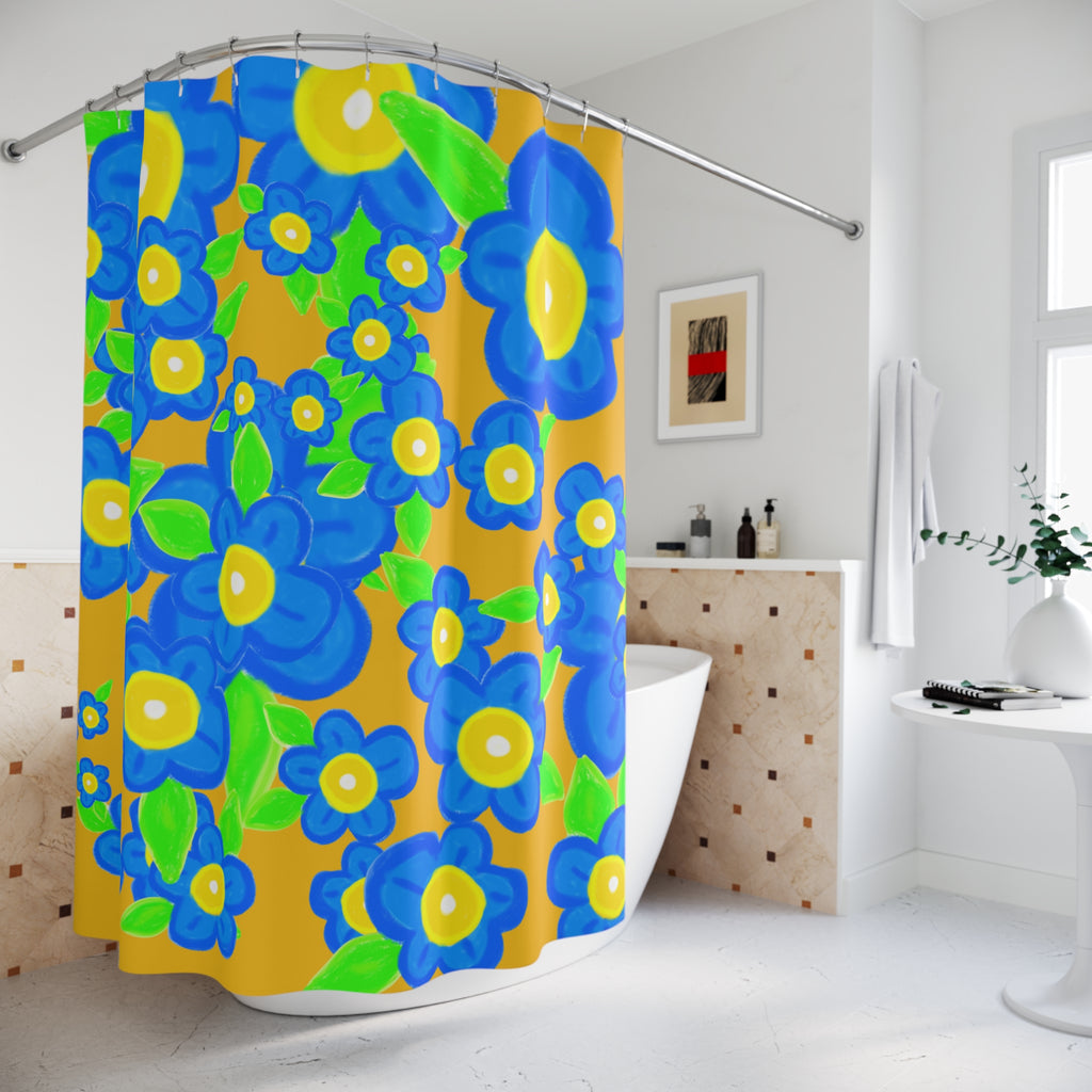 Blue Floral Shower Curtain — Bold Retro Flowers on Mustard Background