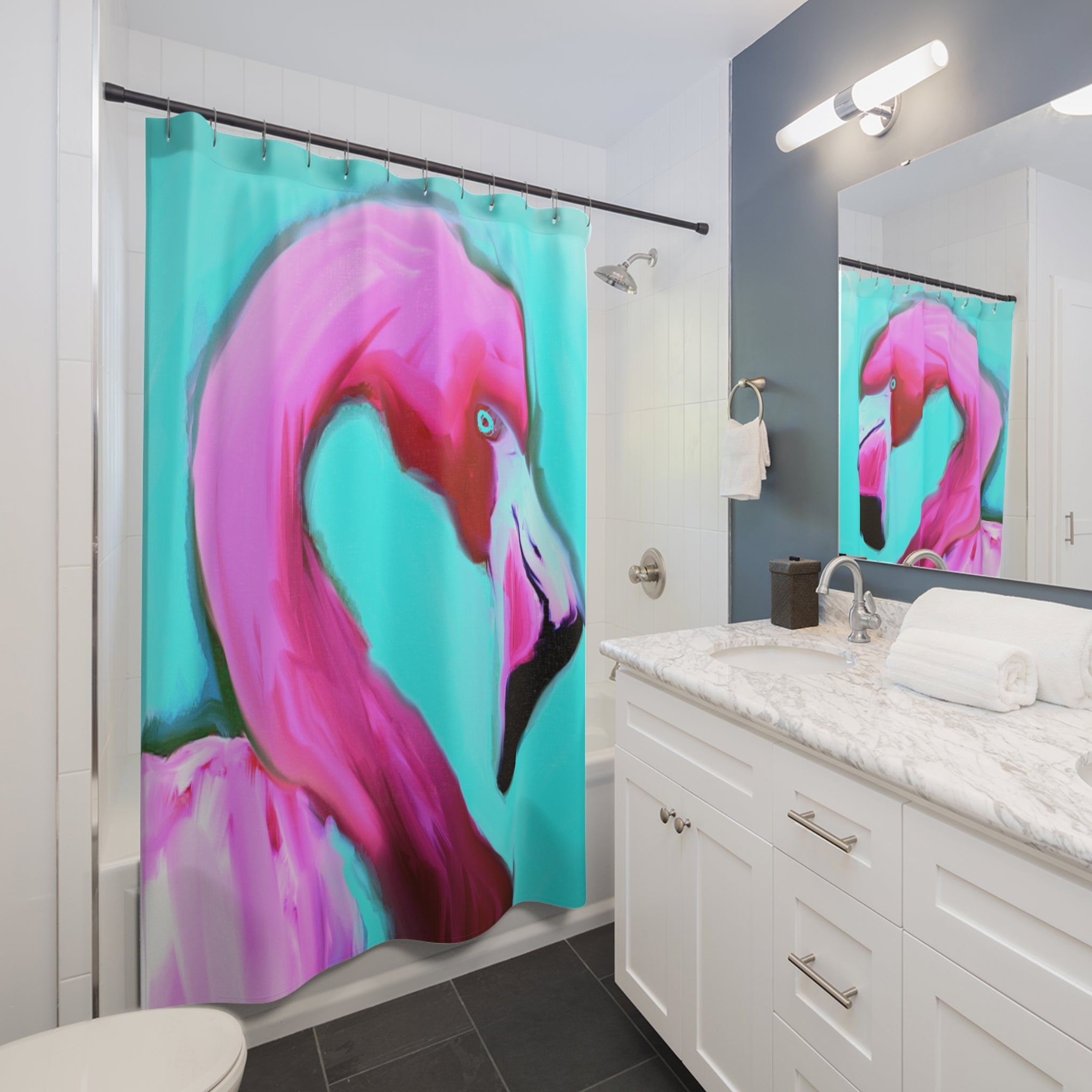 Flamingo Pop Shower Curtain — Bright Pink Tropical Bathroom Decor