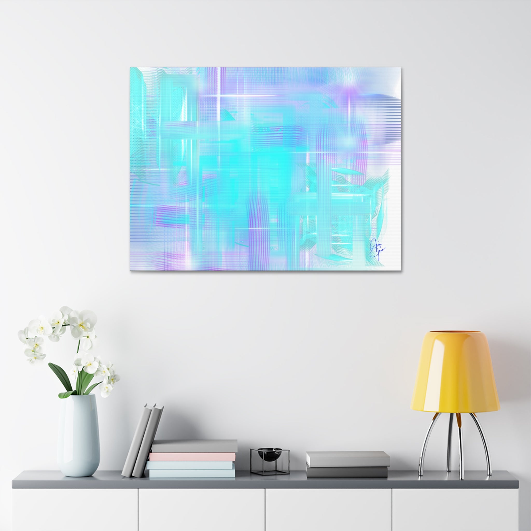 Abstract Aqua Pastel Canvas Art - Turquoise & Lavender Modern Wall Decor (1.5" Stretched)