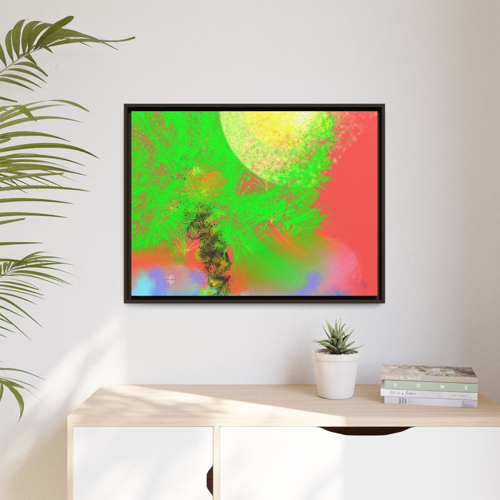 Abstract Neon Tree Matte Canvas Framed Art — Vibrant Green Moon Landscape