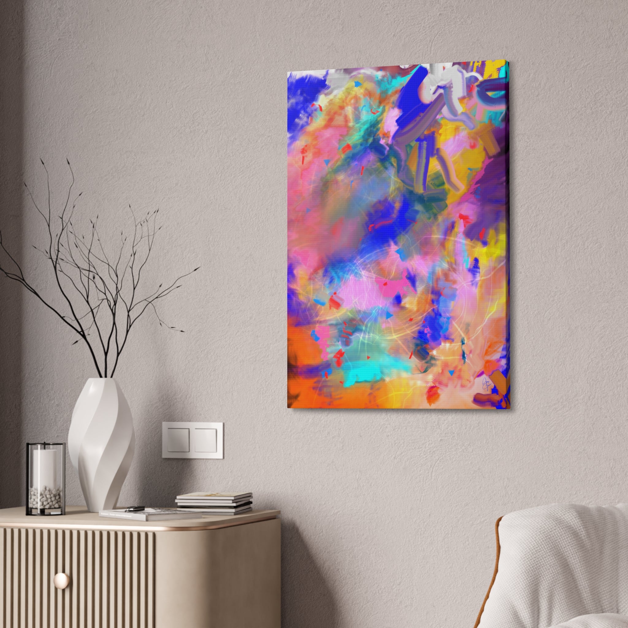 Abstract Color Burst Canvas – Vibrant Pink & Blue Stretched Wall Art
