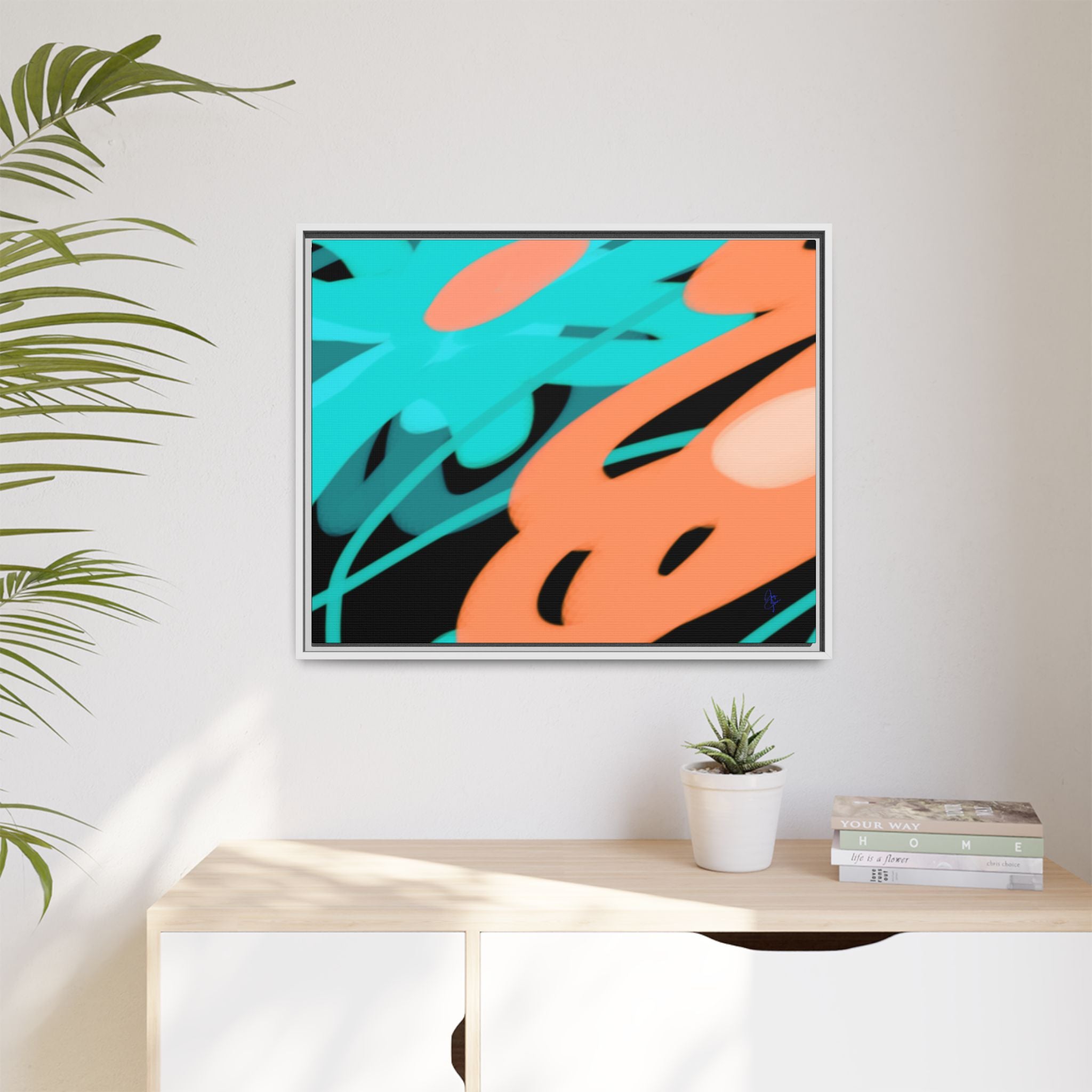 Abstract Teal & Coral Splash Framed Canvas