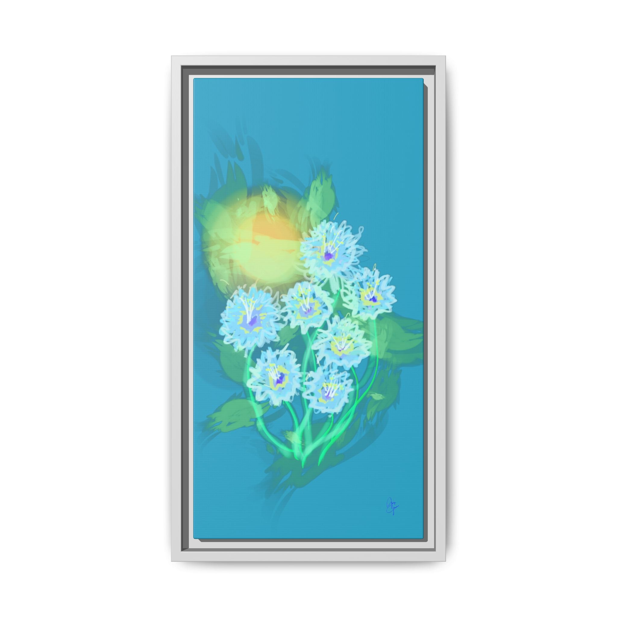 Framed Floral Canvas Art — Blue & Yellow Abstract Bouquet (Matte)