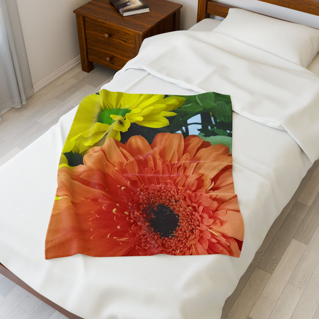 Velveteen Plush Blanket — Bright Orange Gerbera & Yellow Daisy Floral Throw