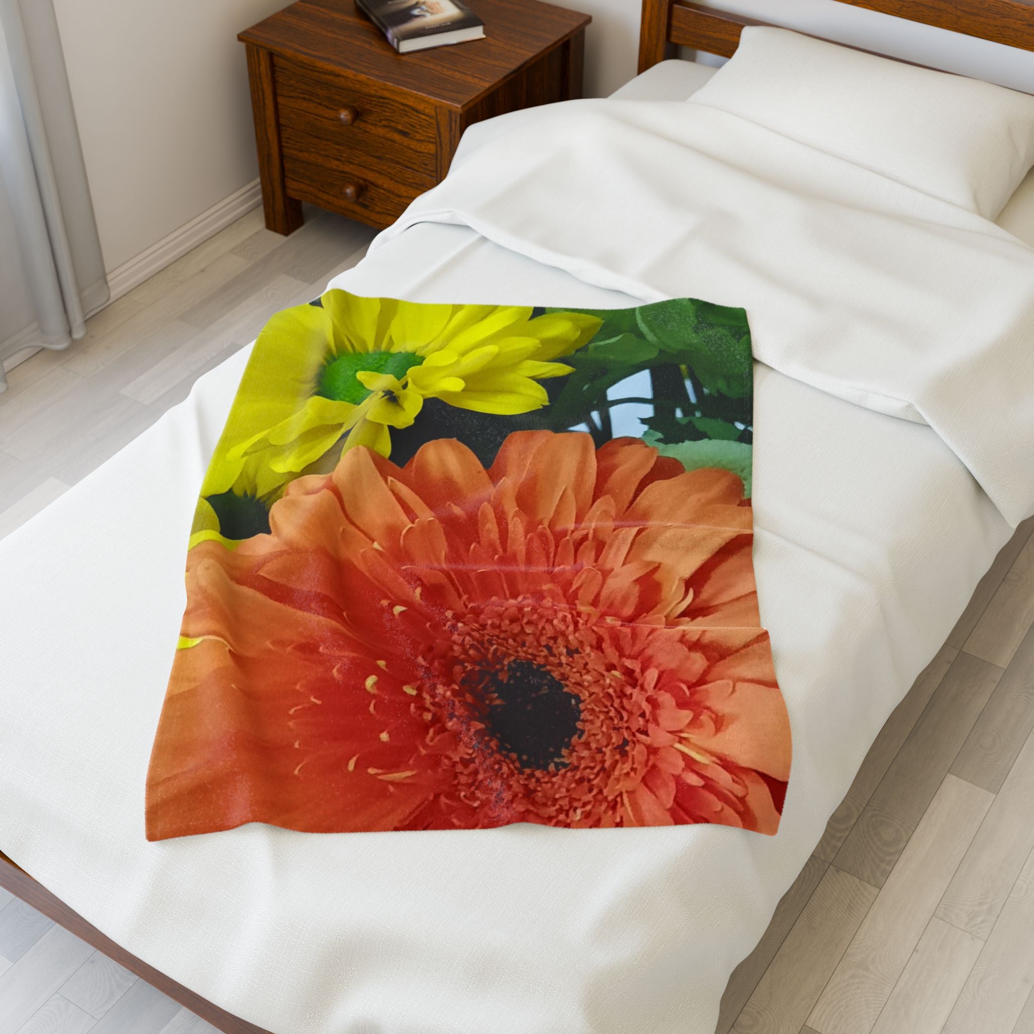 Velveteen Plush Blanket — Bright Orange Gerbera & Yellow Daisy Floral Throw