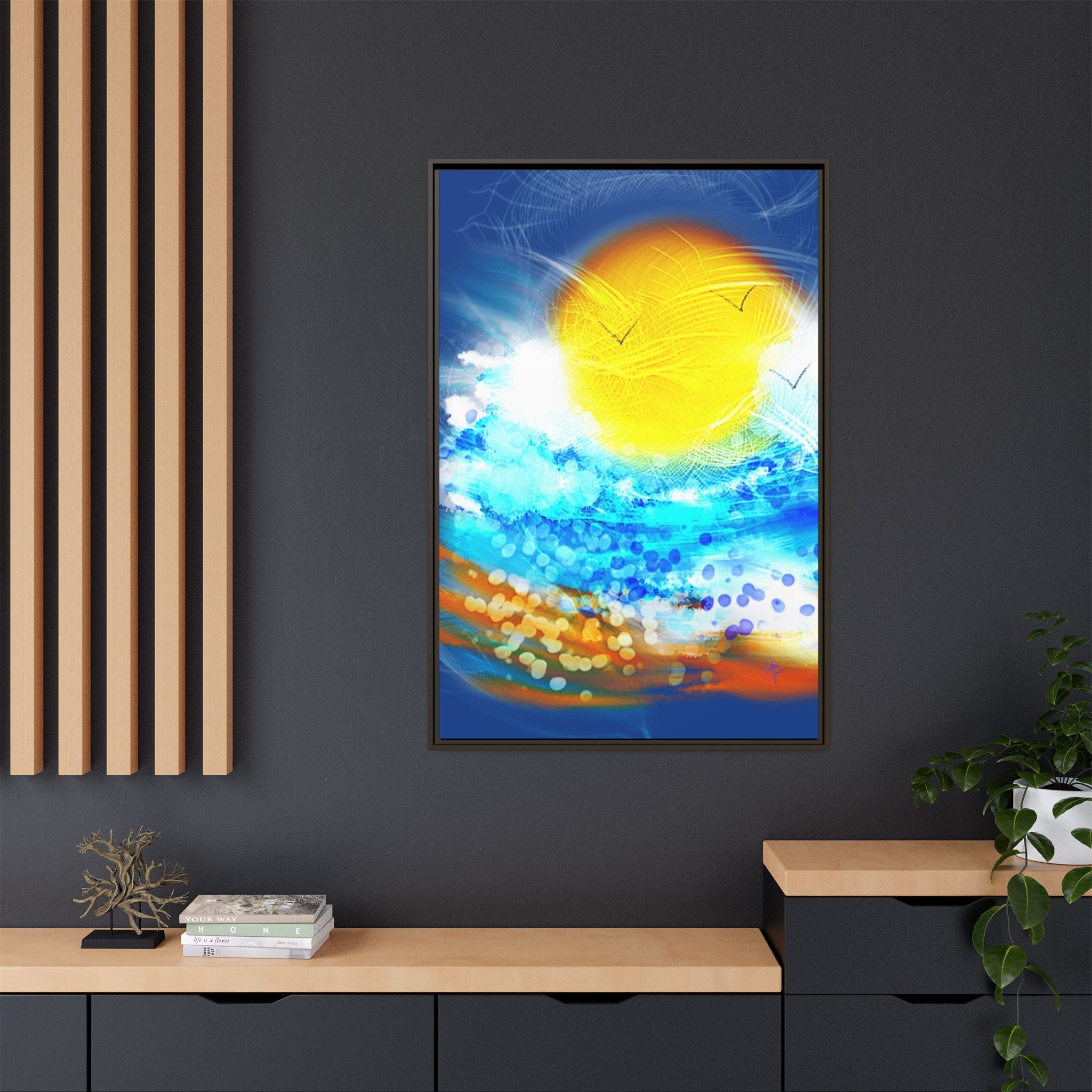 Sunshine Shore Matte Canvas Framed Wall Art — Bright Abstract Beach Print