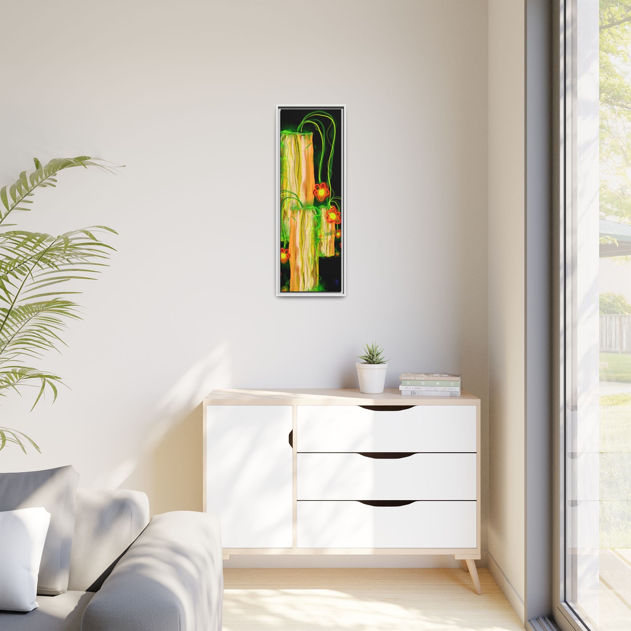 Framed Matte Canvas Print — Neon Floral Candlelight Art